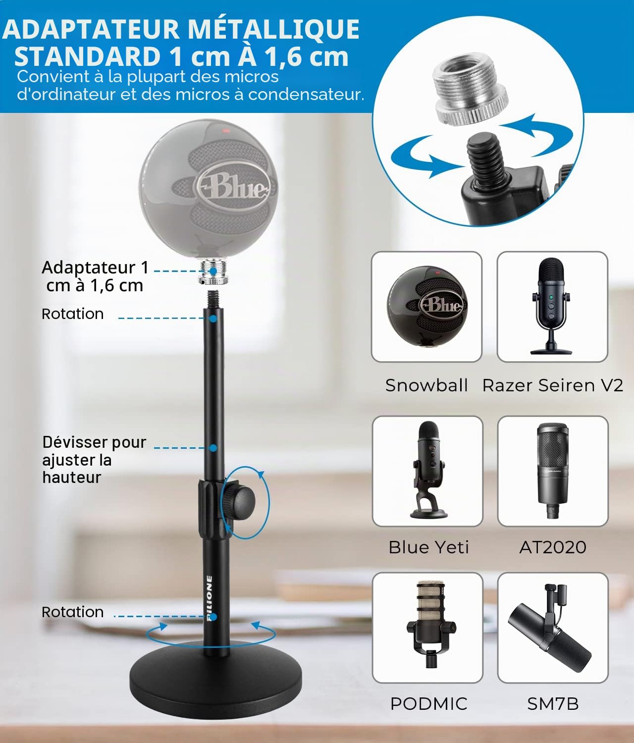 BILIONE Support de microphone de bureau amélioré, support de micro réglable avec filtre anti-pop, support antichoc, clip de microphone, adaptateur à vis en métal de 1,5 cm à 9,5 mm