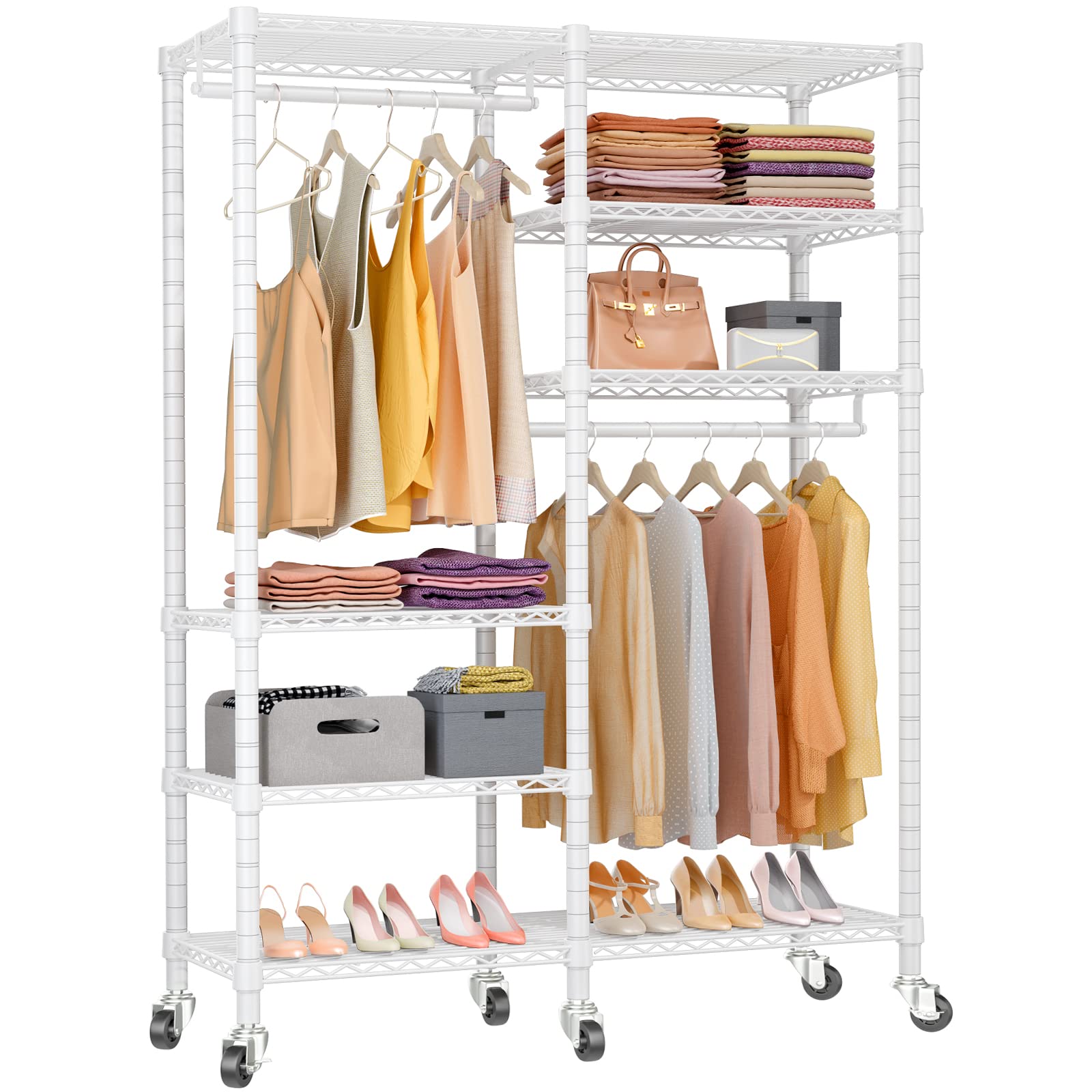 VIPEK R4i Heavy Duty Portable Closets Garment Rack Adjustable Rolling Clothes Rack with 6 Tiers Metal Wire Shelving, Double Rods, Lockable Wheels, Freestanding Wardrobe Closet Storage Rack, White