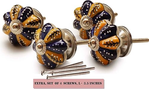 Miniatura 10 de ABHANDICRAFTS - Juego de 4 pomos de cerámica, pintados a mano con forma de calabaza para armario, armario, cajón, manijas de puerta (AB-NOB-025)