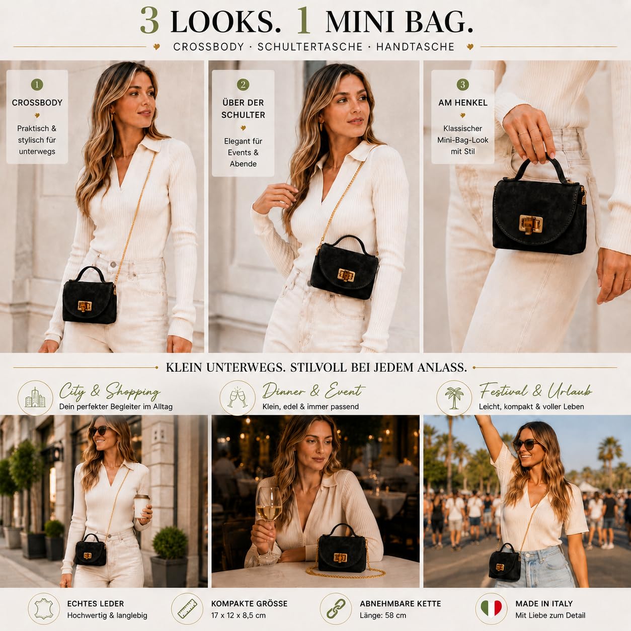 Ziona Kleine Damen Handtasche Echtleder – Elegante Umhängetasche Made Italy
