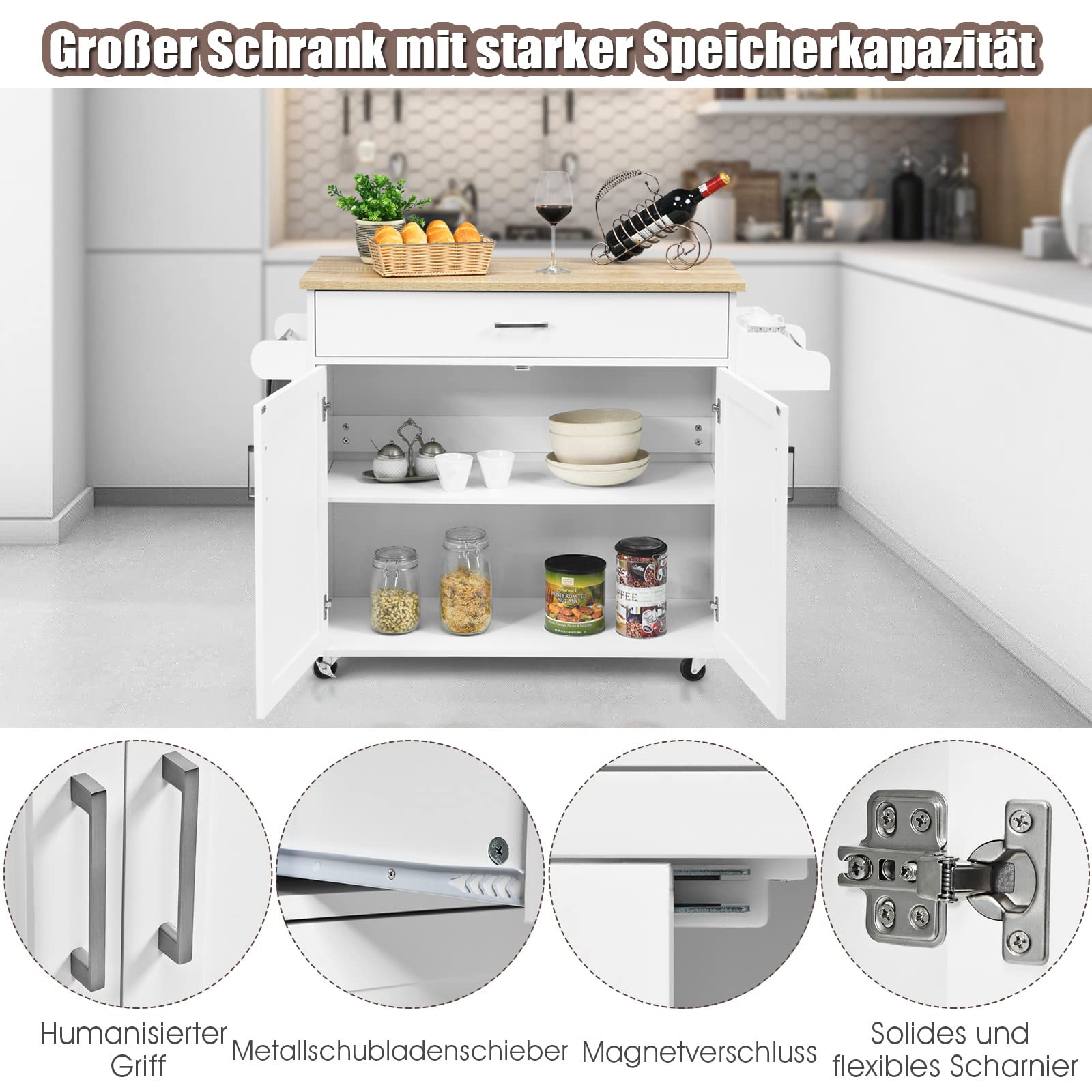 COSTWAY Küchenwagen mit Handtuchhalter und Gewürzboard, Kücheninsel mit Schublade und höhenverstellbare Ablage, Küchenschrank rollbar, Servierwagen aus Holz, Kücheninselwagen (Weiß)