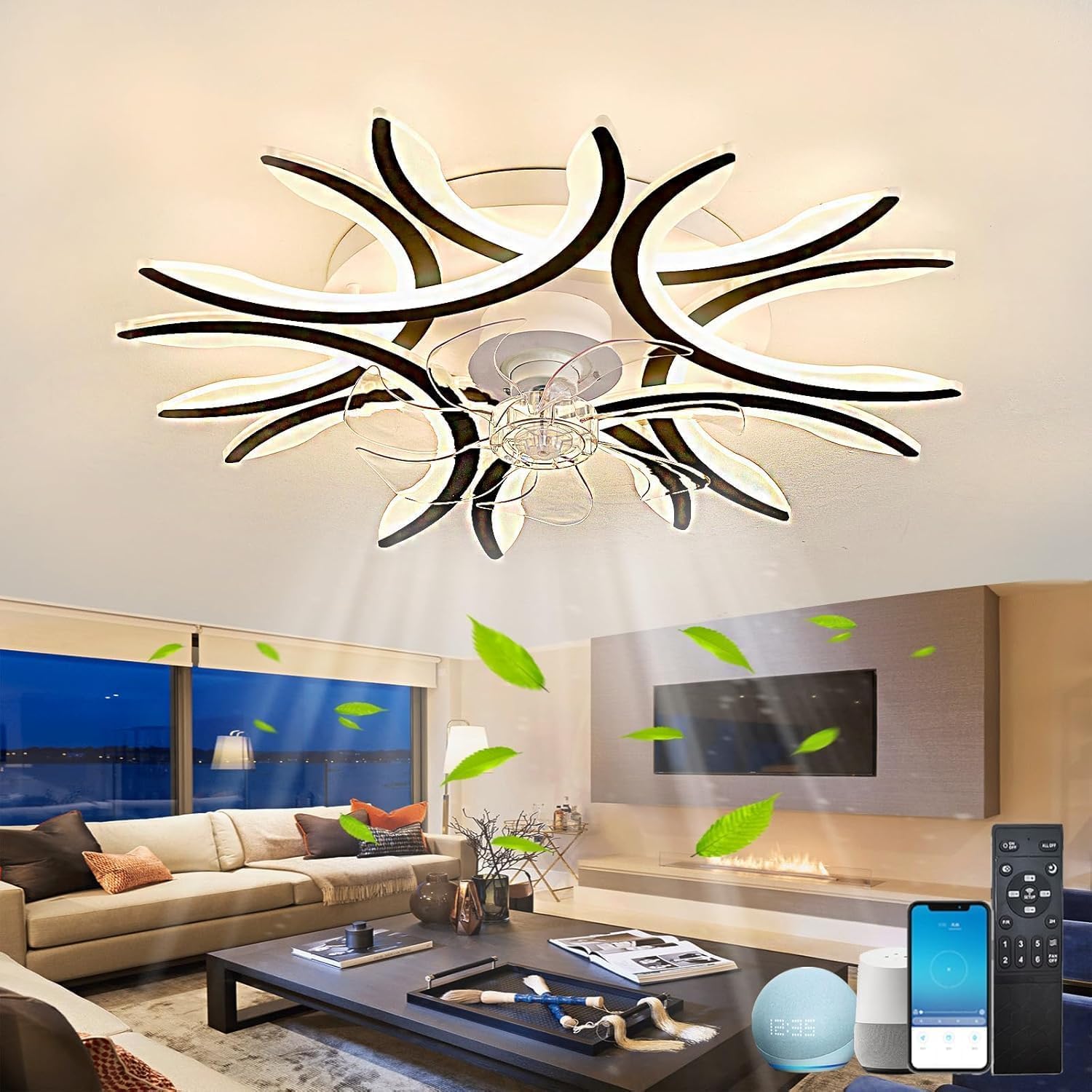 SXDMOUBK Smart Ceiling Fan with Light and Remote,6 Speed Reversible Chandelier Light,LED Dimmable Memory Function,Compatible with Alexa and Google Assistant, Black,Voice Assistant
