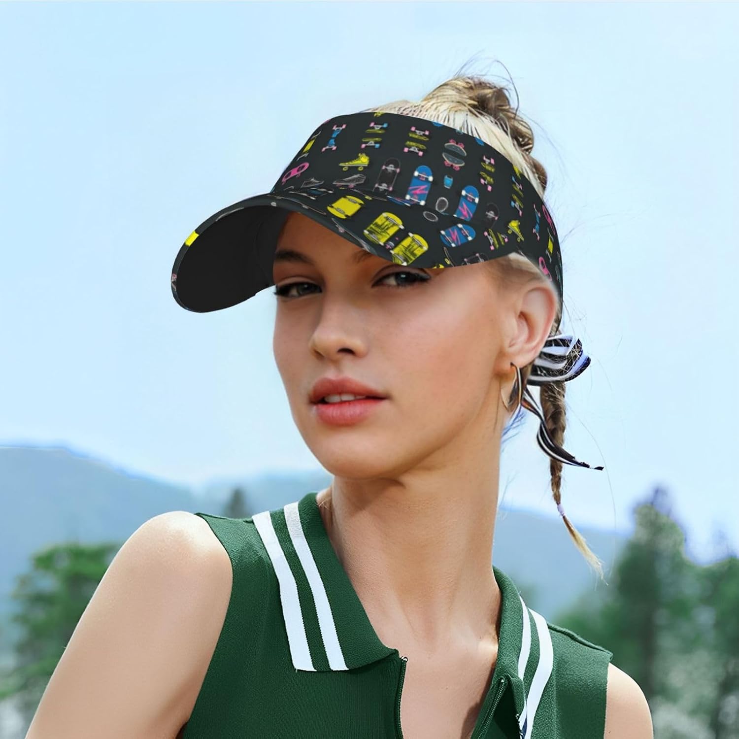 Graffiti Skateboard Print Sun Visor Hats for Women Men Adjustable Sports Golf Running Sun Caps Black
