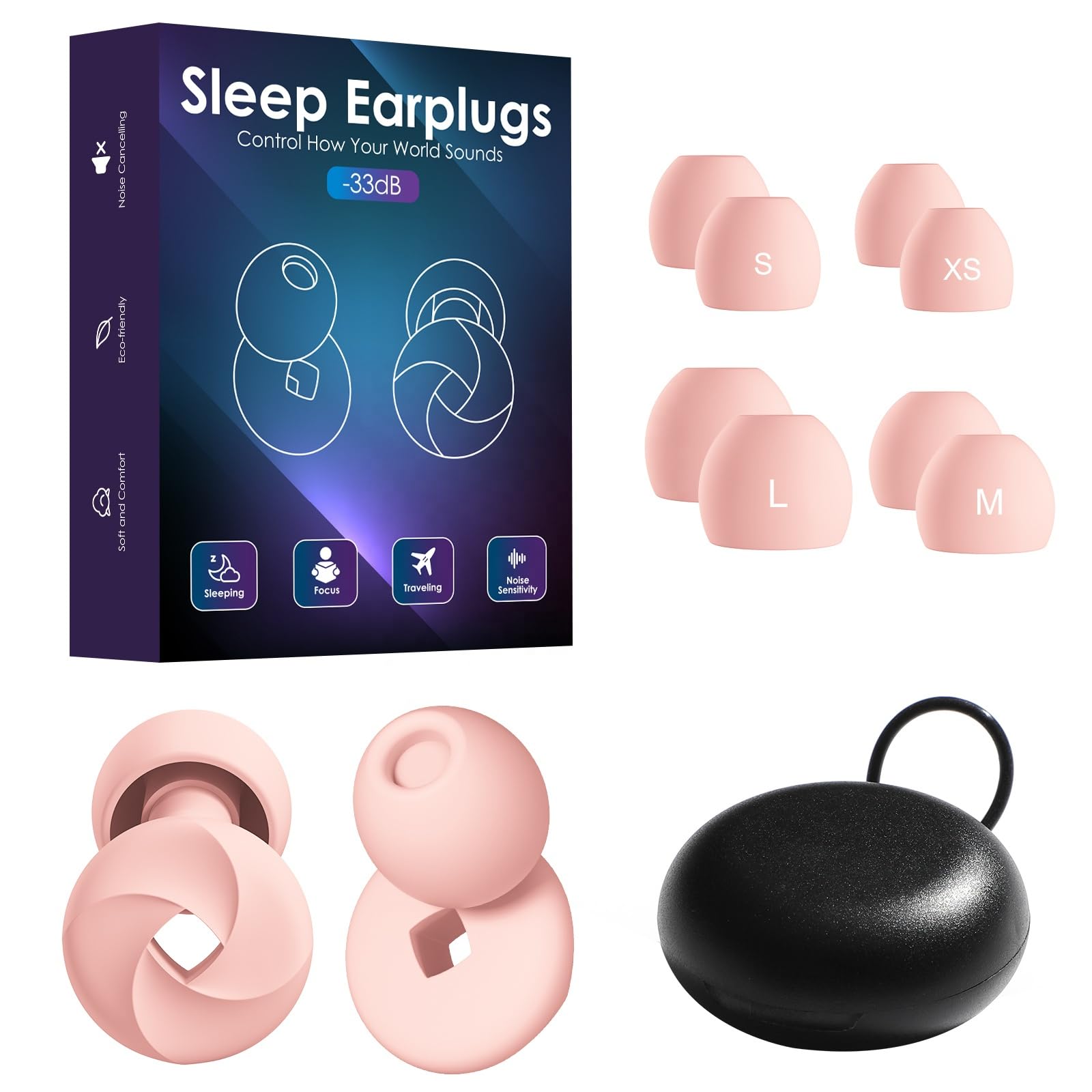 TABREZ Ear Plugs Noise Reduction Cancelling For Swimming, Sleeping, Traveling, Airplanes, Gym, School, Motorcycle, Work, Tips in XS/S/M/L / 33dB Noise Cancelling (PINK)