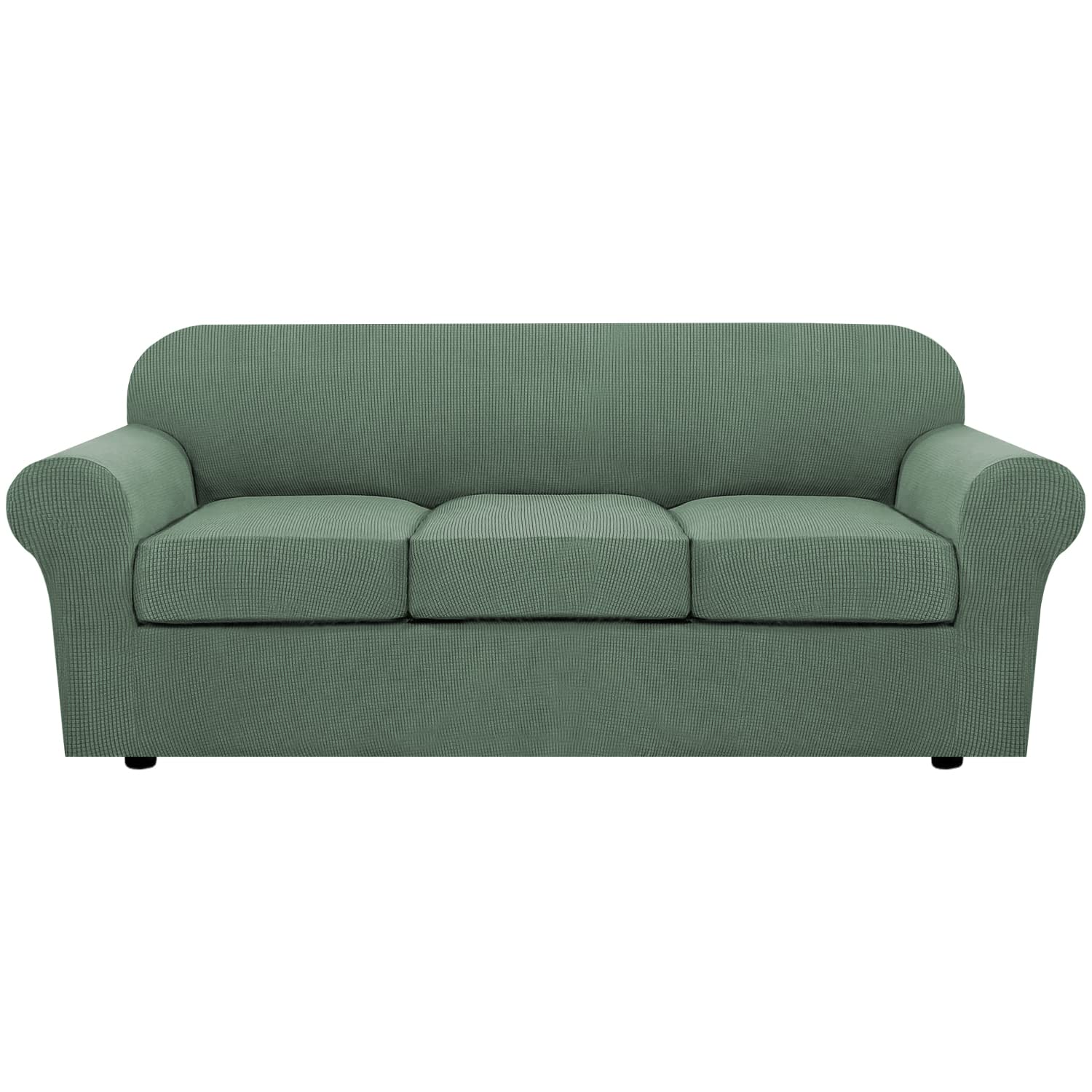 H.VERSAILTEX 4 Piece Stretch Sofa Covers for 3 Cushion Couch Covers for Living Room Furniture Slipcovers (Base Cover Plus 3 Seat Cushion Covers) Upgraded Thicker Jacquard Fabric (Sofa, Loden Frost)