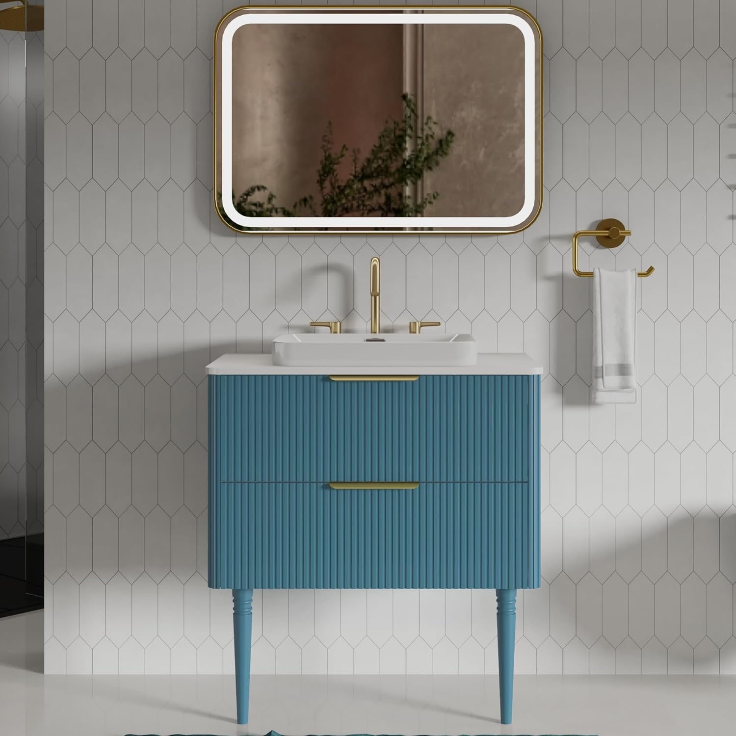 Elena 30 Inch Bathroom Vanity with Sink Freestanding & Wall-Mountable Small Bathroom Cabinet, E1 Grade Waterproof Ceramic Sink Vanity with Soft Close Drawers (Aquamarine)