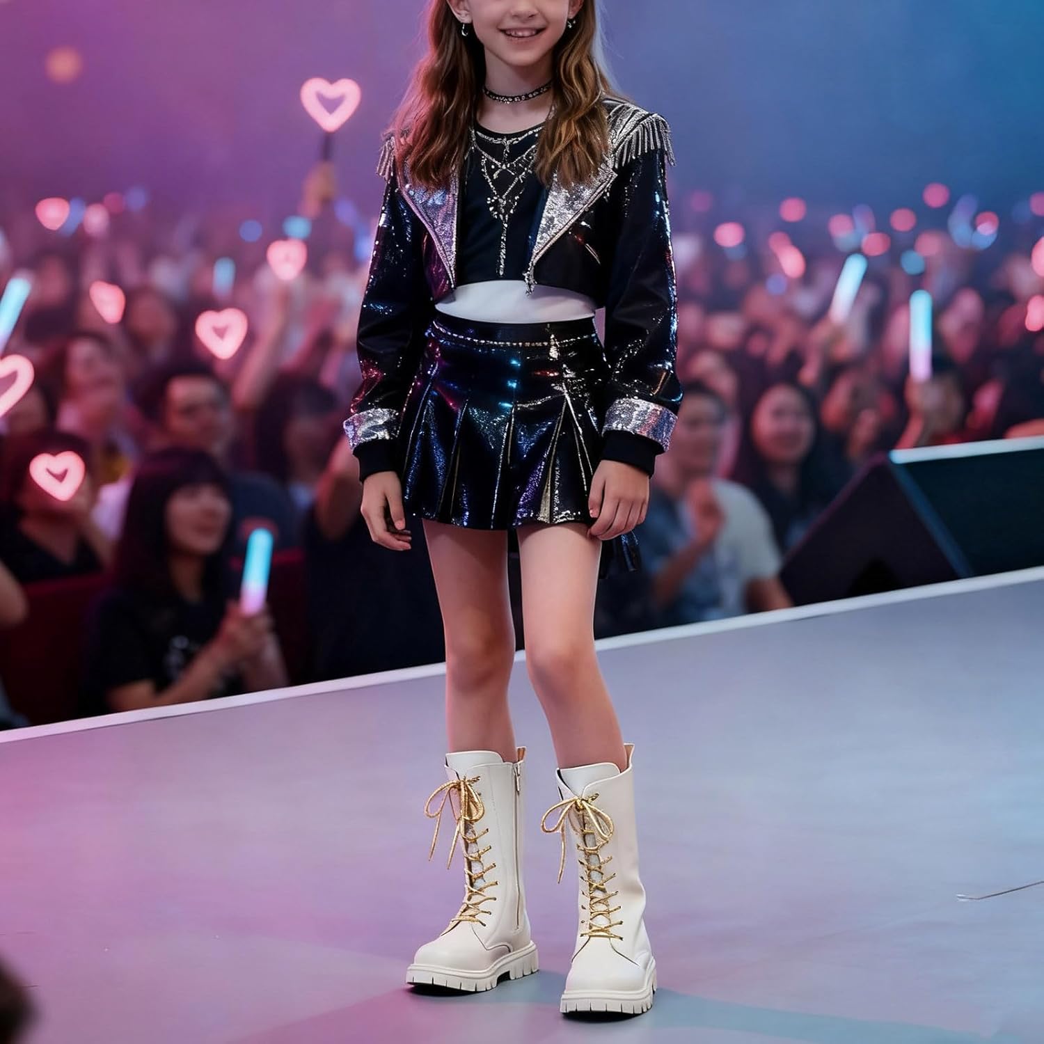 Girls White Lace-Up Riding Boots Mid Calf Combat Boot Side Zipper PU Cosplay Costumes Winter Boots 4-11 Years