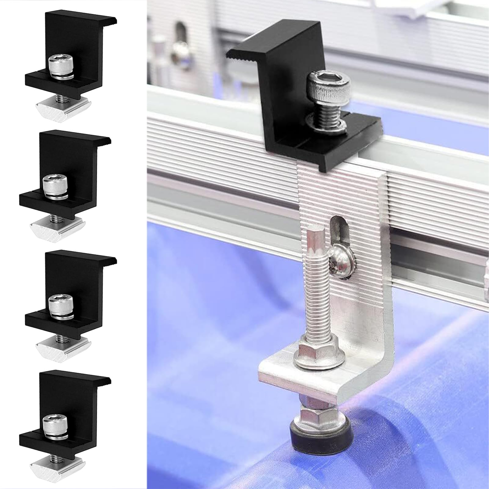 Kit Support Panneau Solaire 30mm - 4 Pinces Noires Pour Toit Plat Camping-car, Voiture