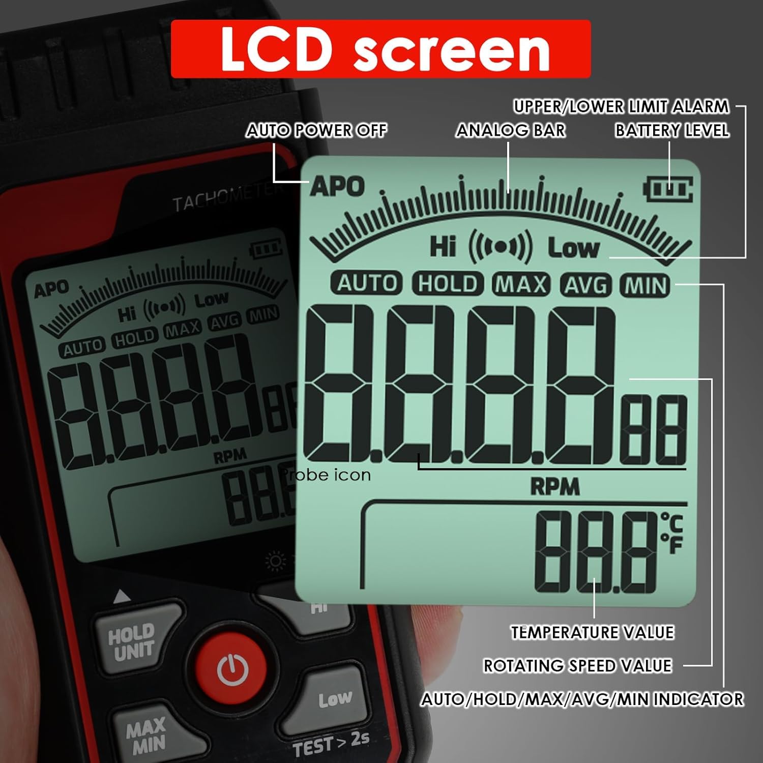 Tachimetro Digitale Senza Contatto, Contagiri Digitale Laser Rpm Misuratore Di Velocità, 2.5-99999 RPM Laser Foto Tachimetro Tester Di Rotazione Con Max/Min/Avg Data Per Veicoli Ruote Ventole