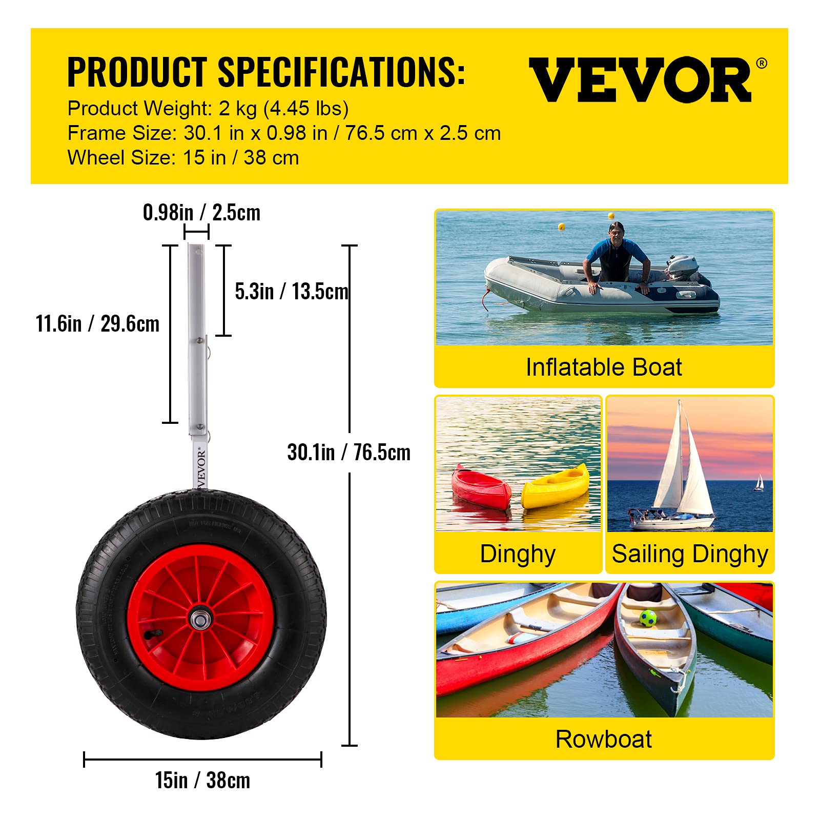 VEVOR Roue de Halage 1 Paire Charge 136 kg Roue de Mise à l'Eau 381 mm Roues de Transport pour Bateau Bras en Alliage d'Aluminium 4 Goupilles à Dégagement Rapide Bateaux Pneumatiques Annexes Dériveurs