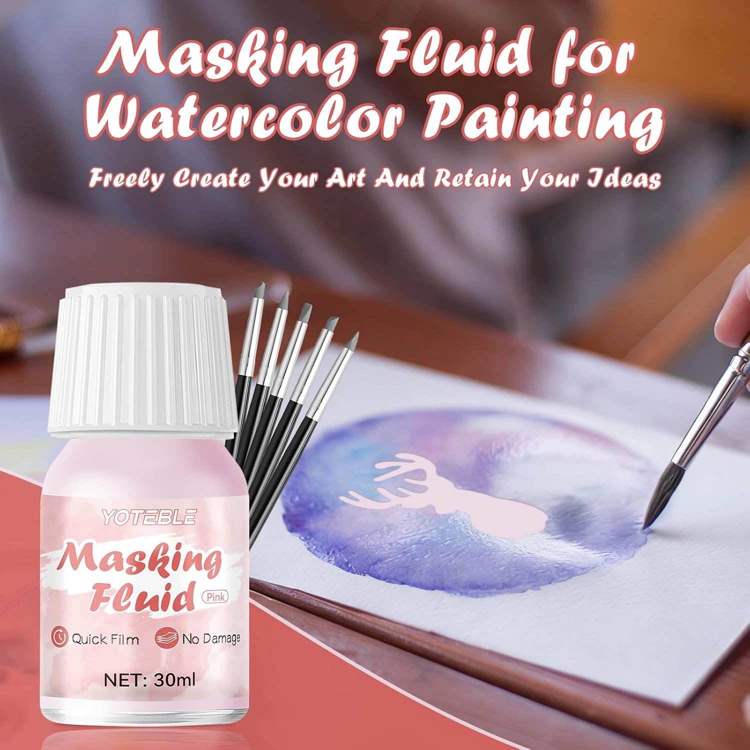YOTEBLE Watercolor Masking Fluid, Water Based Latex and Easy Peel-Off, Pink