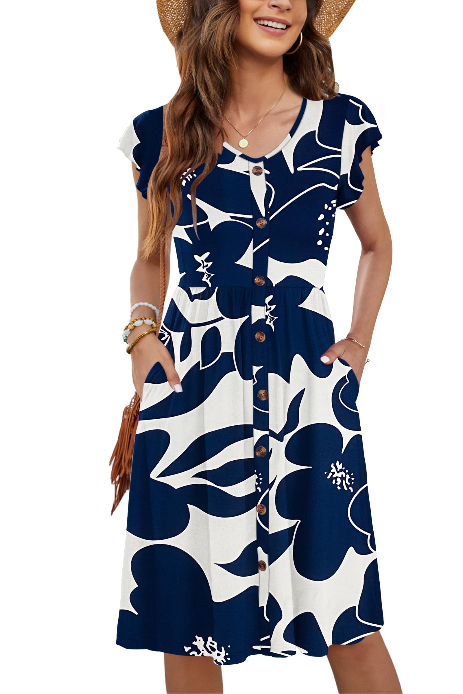 MOLERANI Women Summer Dresses V Neck Ruffle Sleeve Casual Swing Elastic Waist Midi Dress with Pockets White Navy Flower 2XL