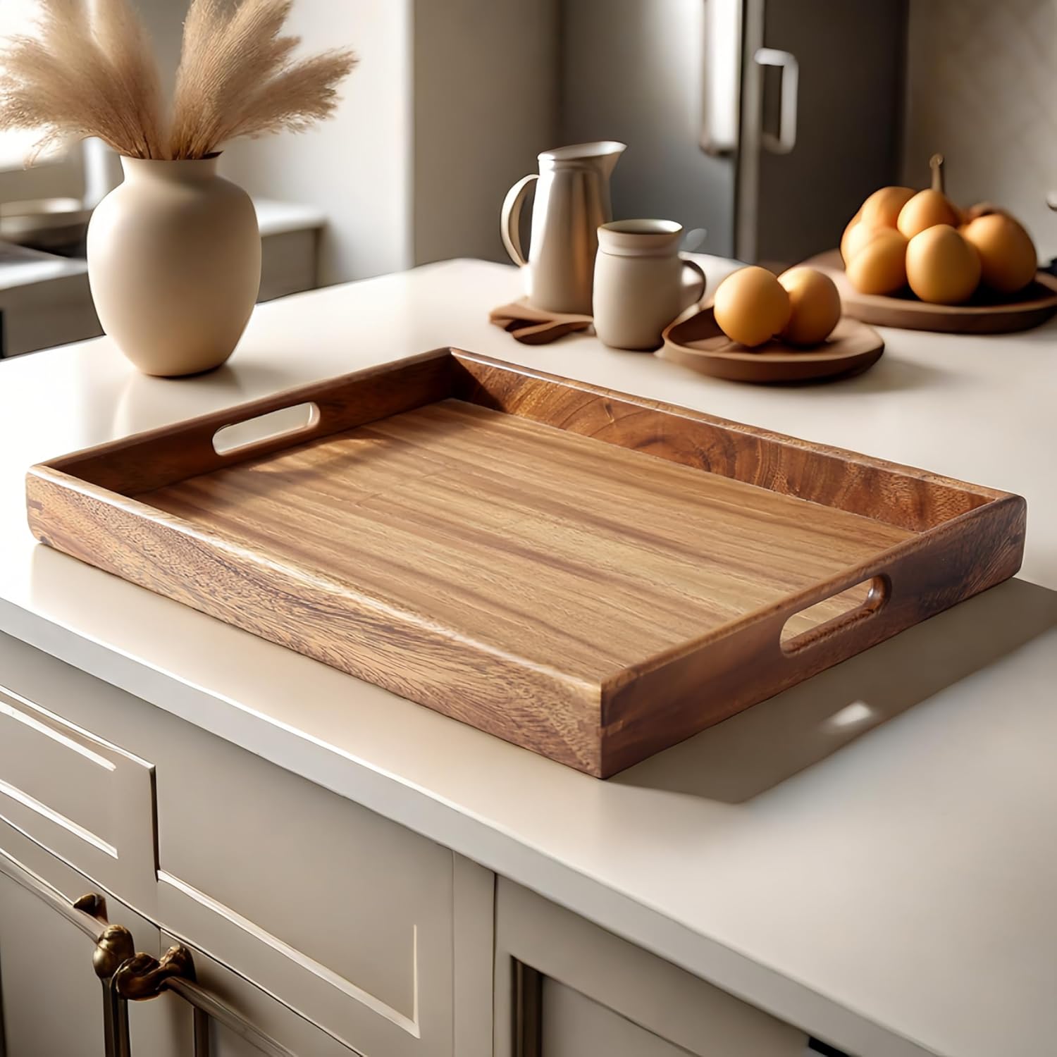 Walnut Wood Serving Tray with Handles - Stylish Coffee and Food Tray for Home, Ottoman, or Dining Use(15.7 Inches), LA002