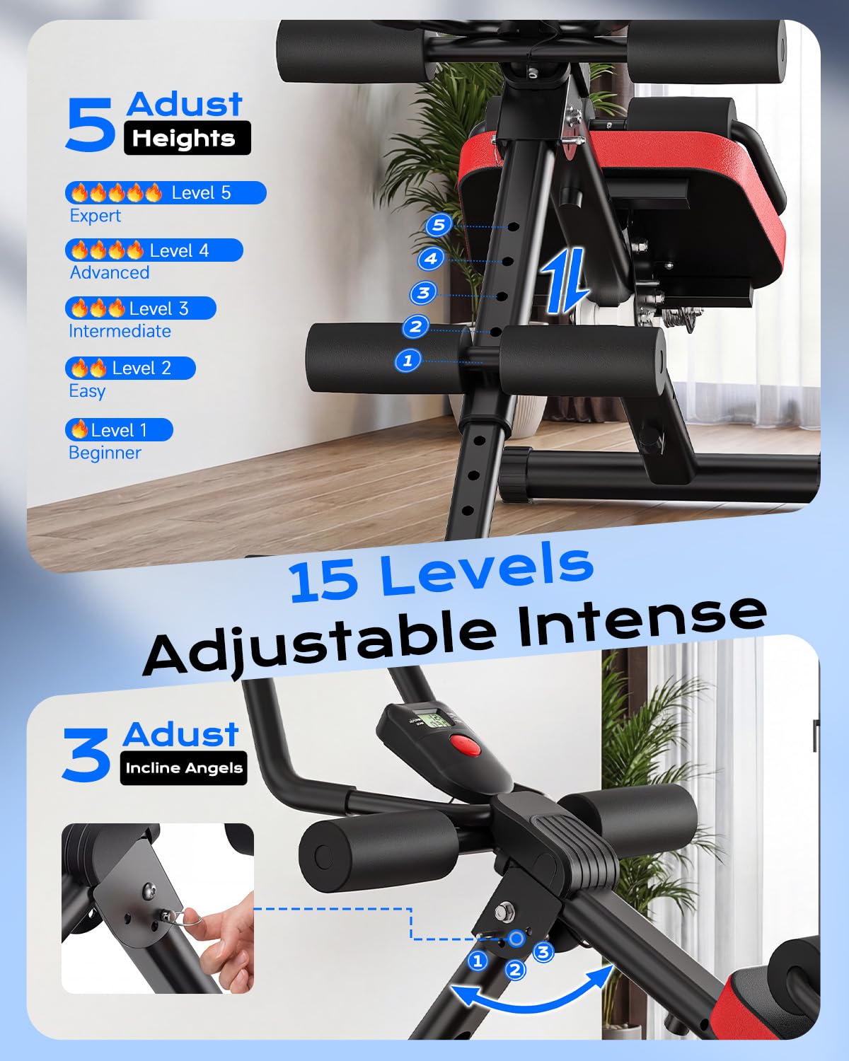 Dskeuzeew Bauchtrainer verstellbarer Bauchmuskeltrainer für Heim-Fitnessstudio mit LCD-Display und Abdominal Ab trainer Widerstandsbändern zusammenklappbares Trainingsgerät für Bauch max.150 kg