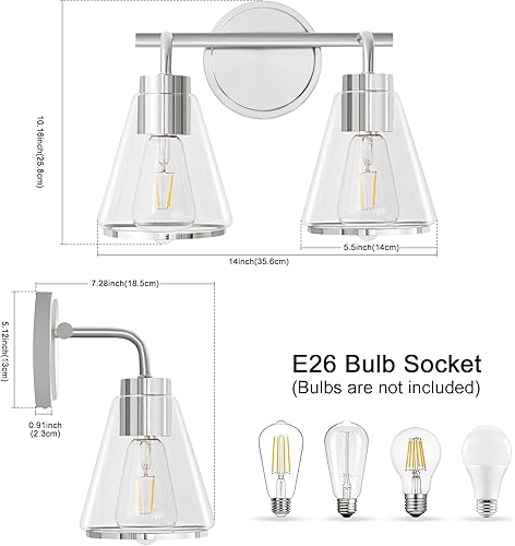 Miniatura 4 de Lámparas de baño sobre espejo de níquel pulido, 2 luces de tocador de baño con pantalla de vidrio transparente de 14 pulgadas, apliques de pared