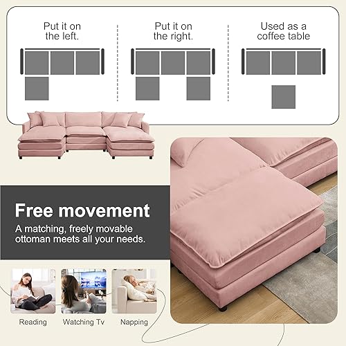 Miniatura 36 de Sofá modular modular de pana de 108.27 pulgadas para sala de estar con 3 asientos, 1 otomana y 3 almohadas, cómodos sofás de nube con otomana móvil,