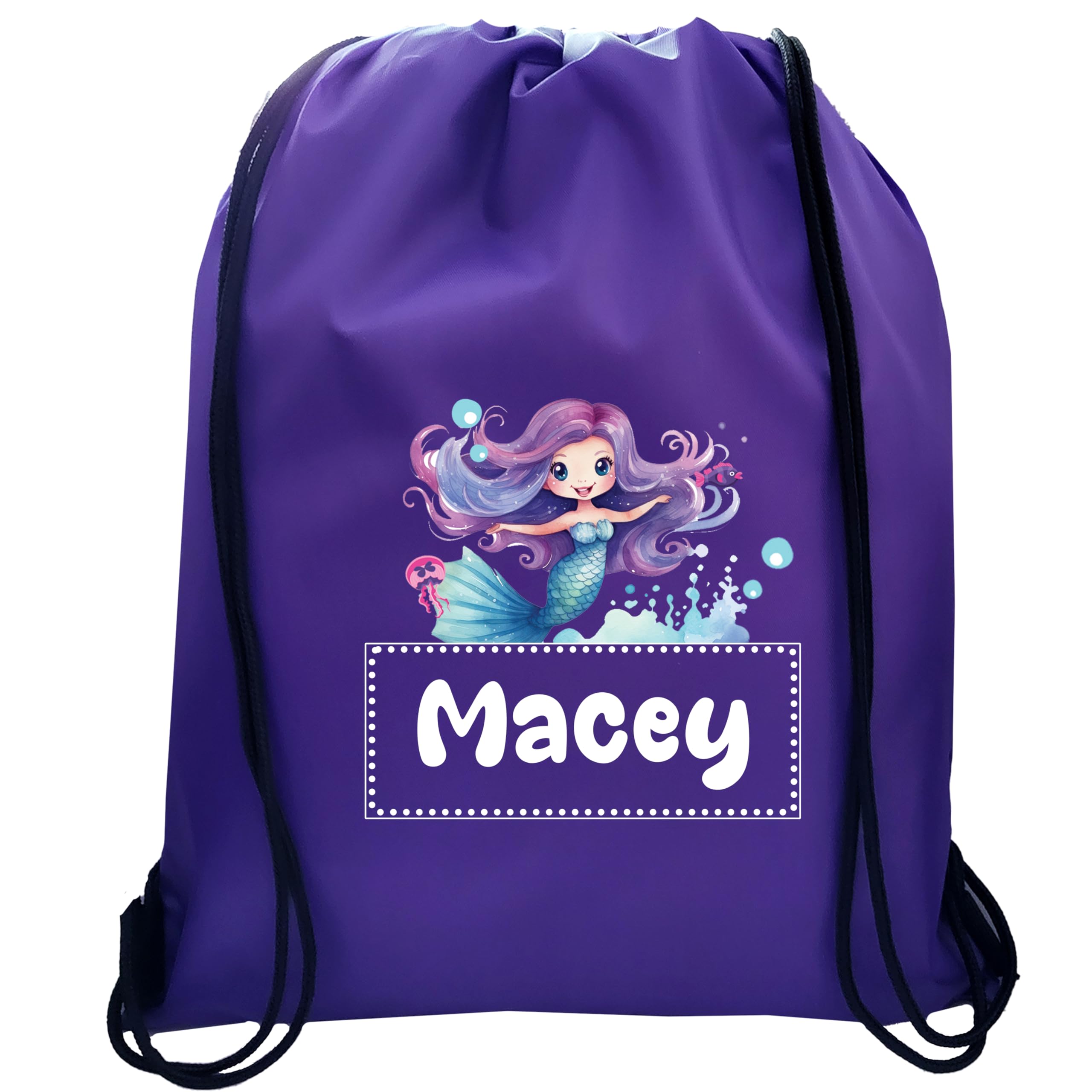 JJLC Personalised Girls Drawstring Bag in 2 designs and 8 Colours Back to school and swimming (Purple Drawstring)
