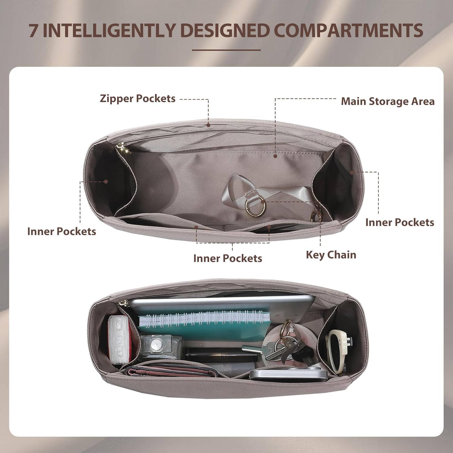 Doxo Ultra-Soft Satin Purse Organizer Insert for Hermes Kelly 28, Waterproof Lightweight Kelly 28 Bag Insert with 6 Compartments & YKK Zipper & Keychain, Luxury Handbag Liner Shaper (Etoupe Grey)