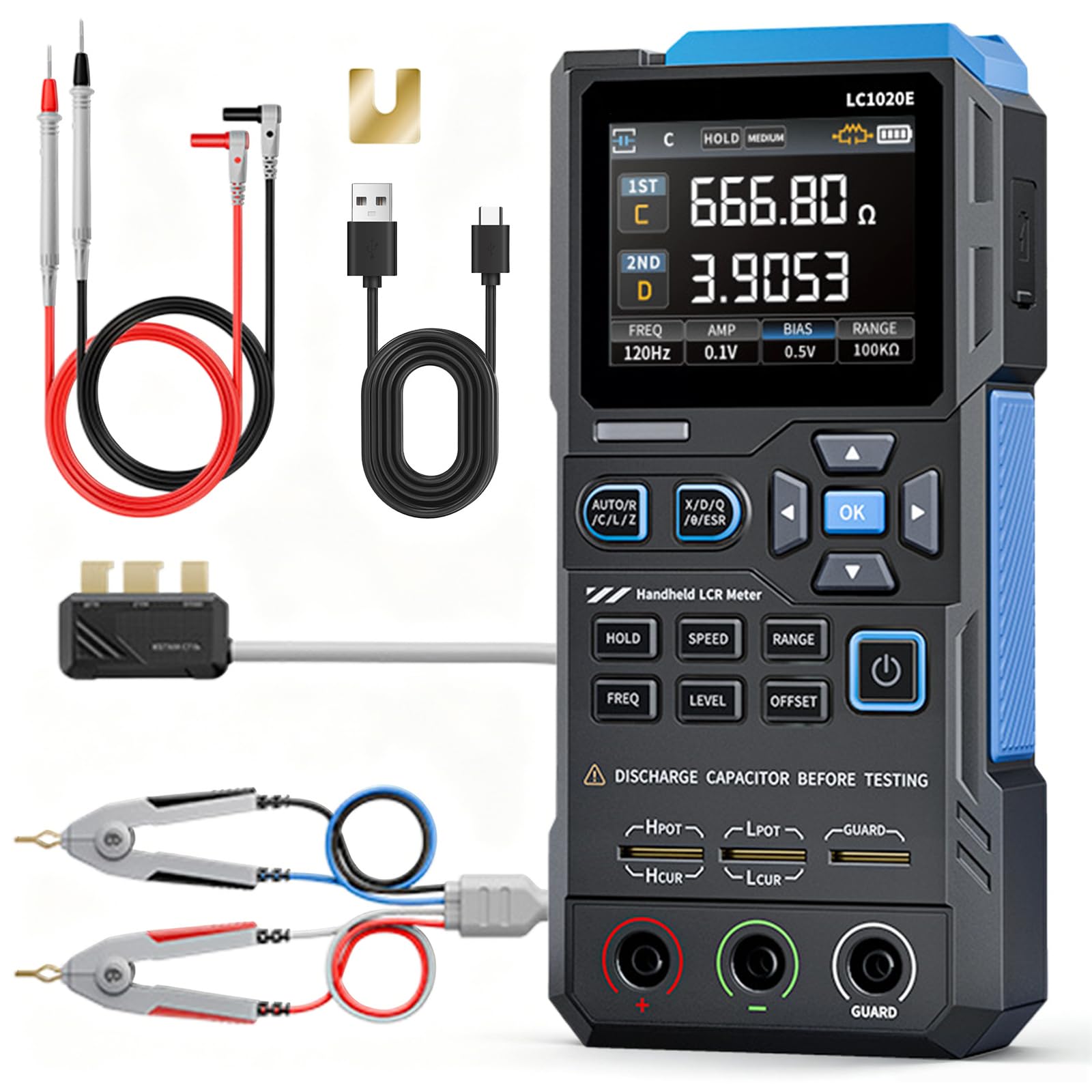 LCR Messgerät, LCR-Meter Digitalbrücke Einstellbare Frequenz 100 Hz -100 kHz Tragbarer Digitaler ESR Tester mit LCD-Display unterstützt Kapazitäts-, Widerstands- und Induktivitätsmessungen LC1020E