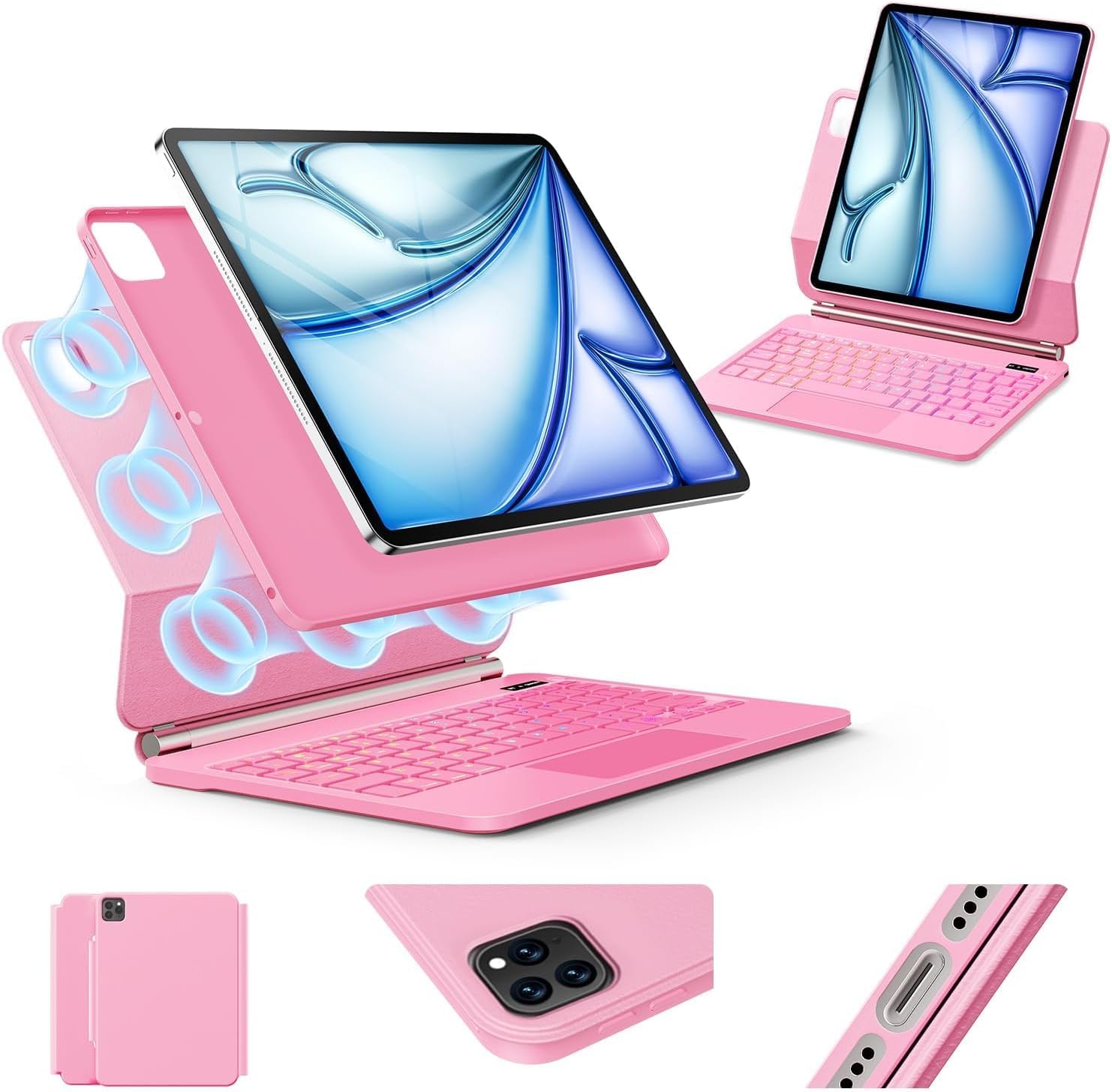 Keyboard Case for iPad Air 13 inch (M4/2026/M3 2025/M2, 2024),iPad Pro 12.9 inch (3/4/5/6th Gen)，Easy-Set Magnetic Stand– 7-Color Backlit - Removable Cases with Multi-Touch Trackpad Keyboard