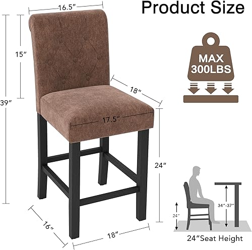 Miniatura 28 de LSSBOUGHT Juego de 2 taburetes tapizados de 24 pulgadas, taburetes de bar de tela con respaldo, sillas de bar con altura de mostrador con patas de