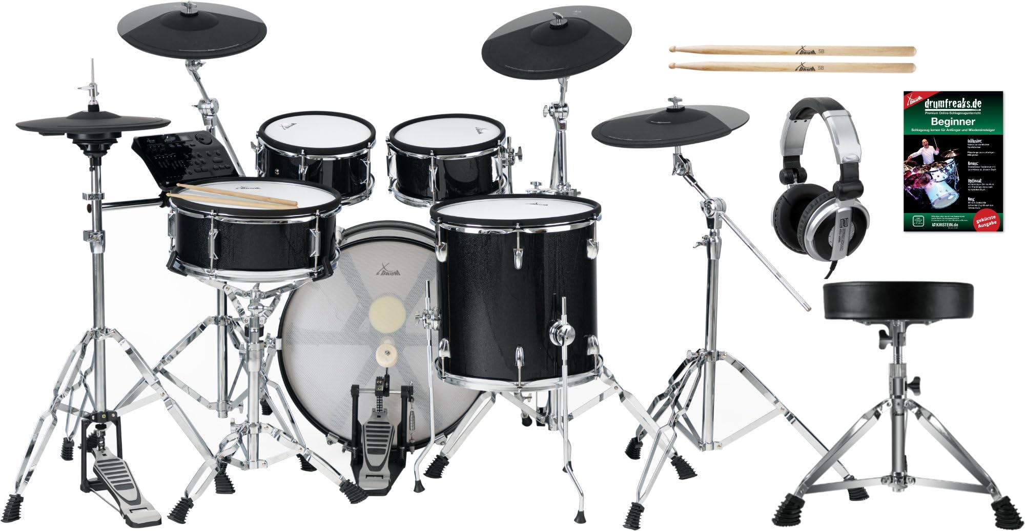 XDrum DD-670 Mesh E-Drum Kit Set, 1x pad rullante 14"x5, 5" dual-zone | Batteria elettronica con mesh heads a doppio strato, 1x pad cassa 20"x12", 1x pad tom 14"x14" dual-zone formato standtom