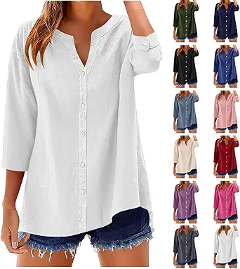 Button Down Shirts for Women 3/4 Sleeve Cotton Linen Roll up Short Sleeve Tops Casual Loose Fit V Neck Blouses