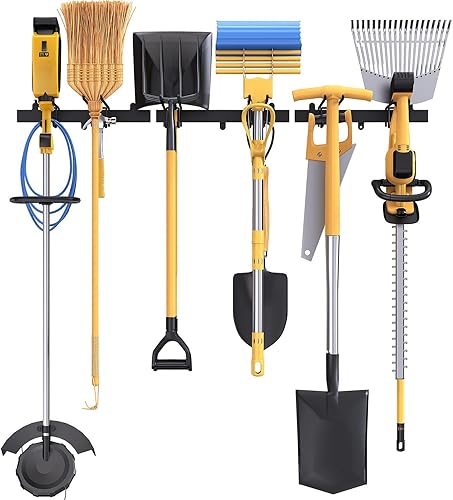 Venkuber Almacenamiento de garaje, organizadores de herramientas de jardín, soporte de escoba de montaje en pared, colgador de pala, estante de