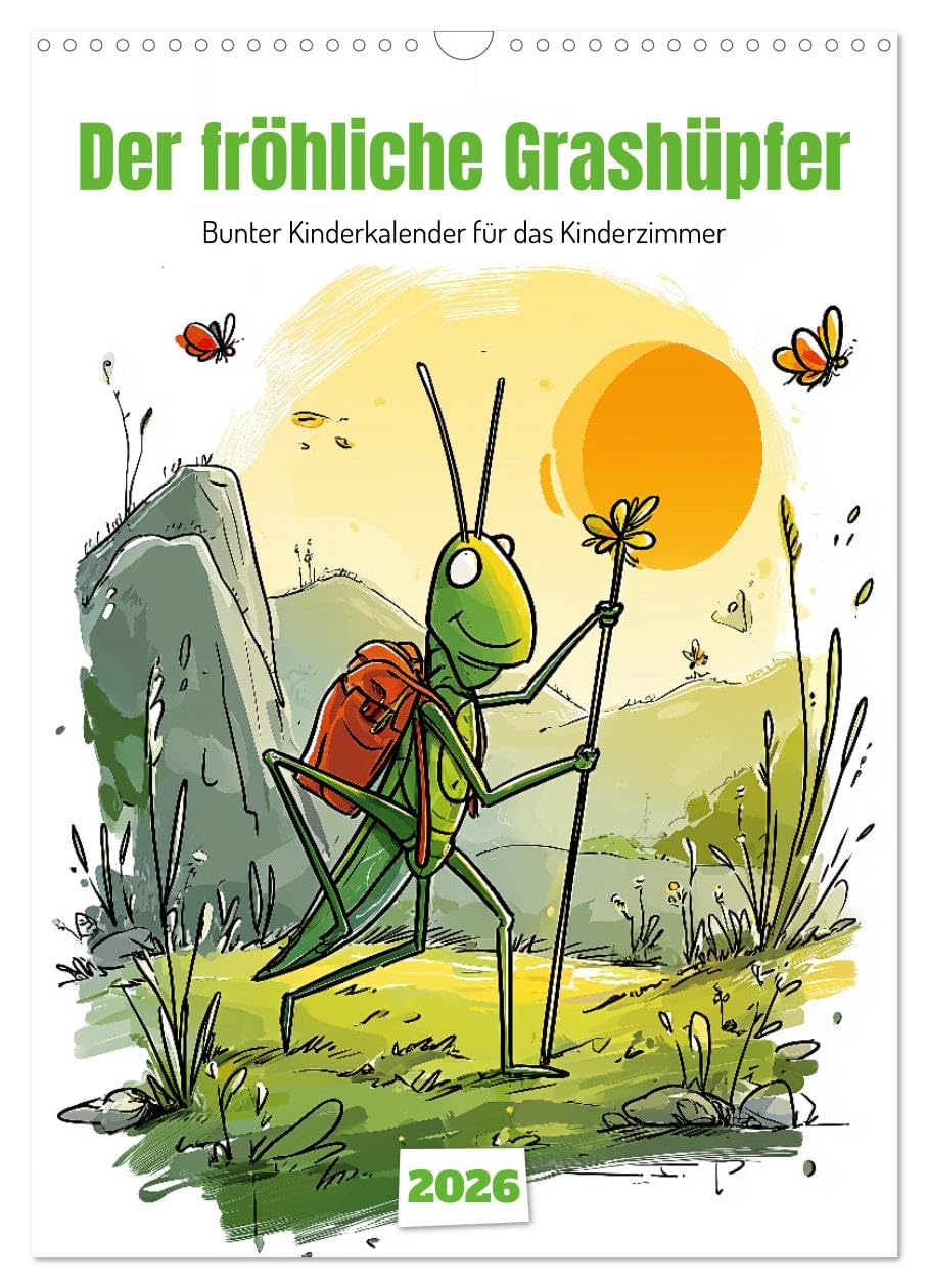 The cheerful grasshopper - colorful children's calendar for the nursery UK-Version (Wall Calendar 2026 DIN A3 Portrait), CALVENDO 12 Month Wall Calendar — image 1