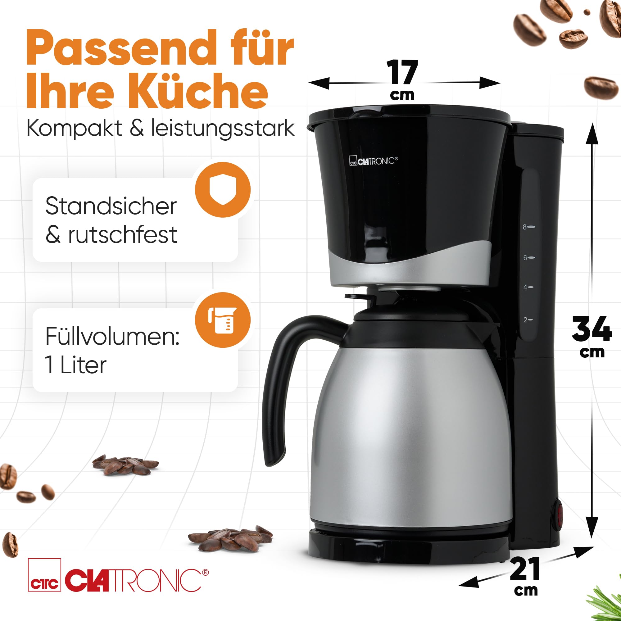Clatronic® Cafetière thermos | Cafetière automatique pour 8-10 tasses de café filtre | Stop-goutte & arrêt automatique | Insert de filtre amovible | Indicateur de niveau d'eau | 1 litre | KA 3327 noir