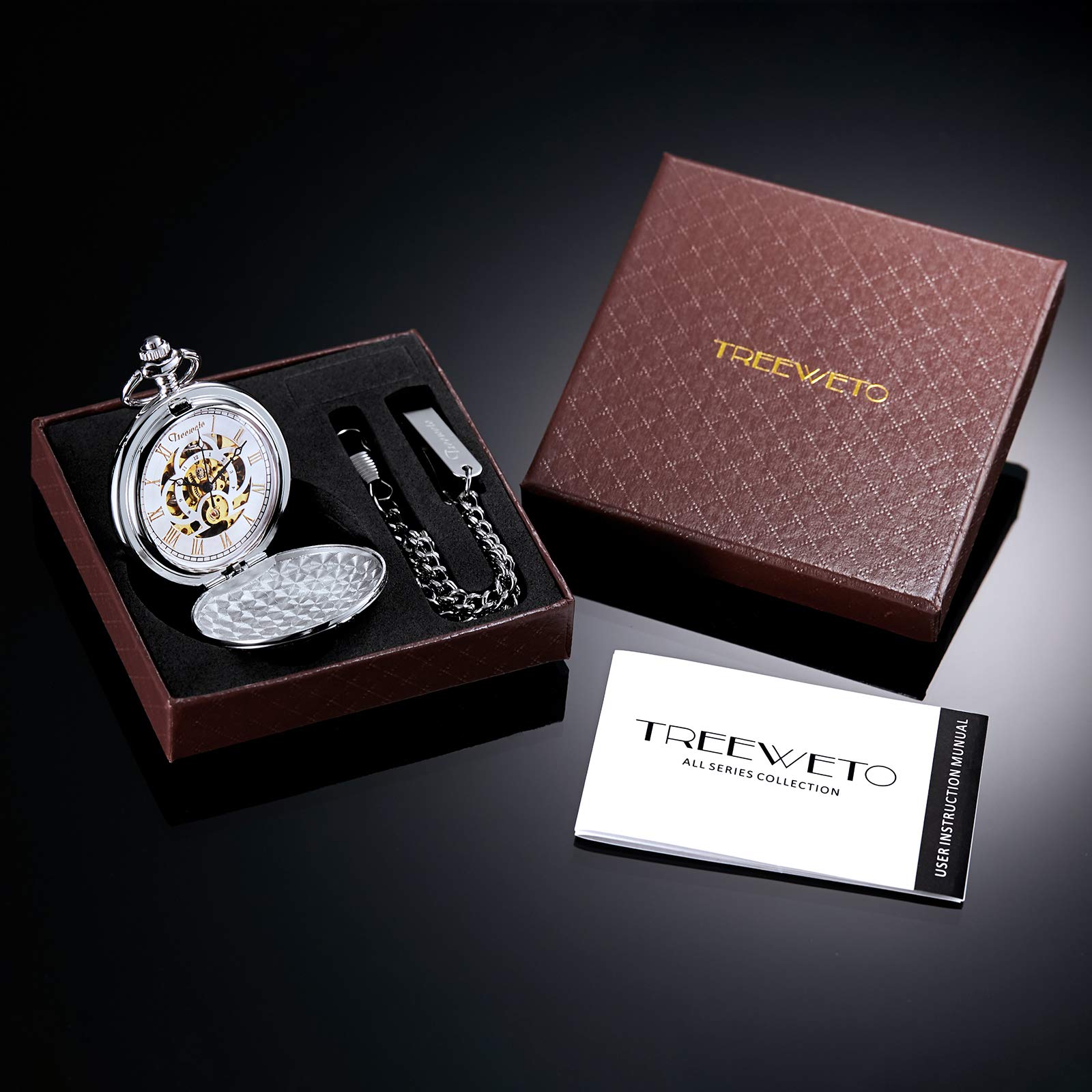 Treeweto orologio da tasca – Full Hunter scheletro quadrante meccanico orologi da tasca per uomo donna