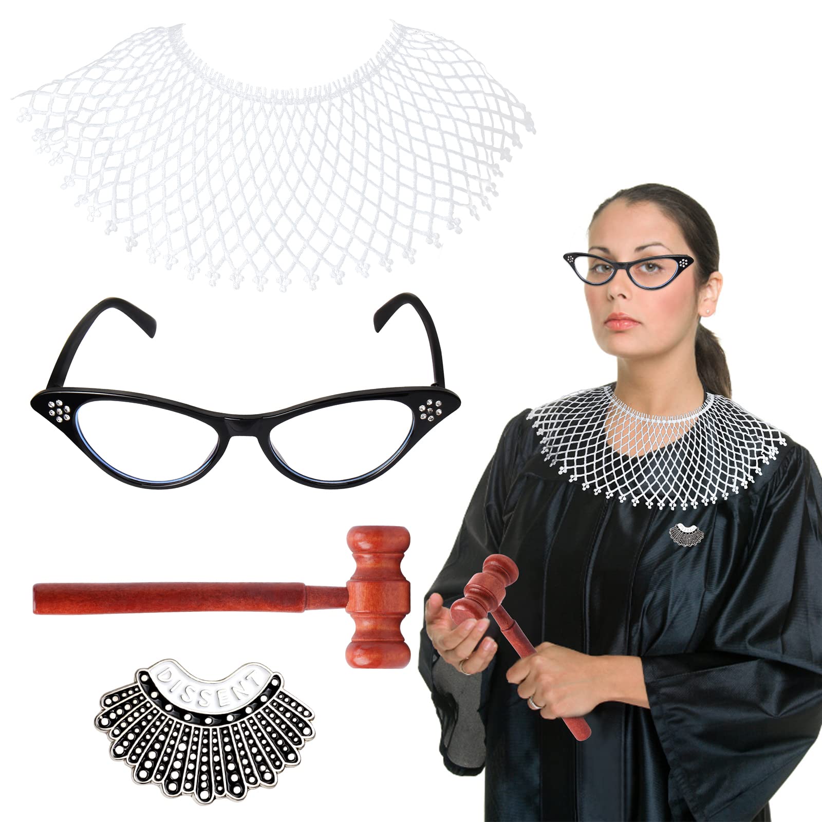 Judge Costume Accessories Set with Lace False Collar Judge Choker Pin Gavel Glasses for RBG Halloween Costume