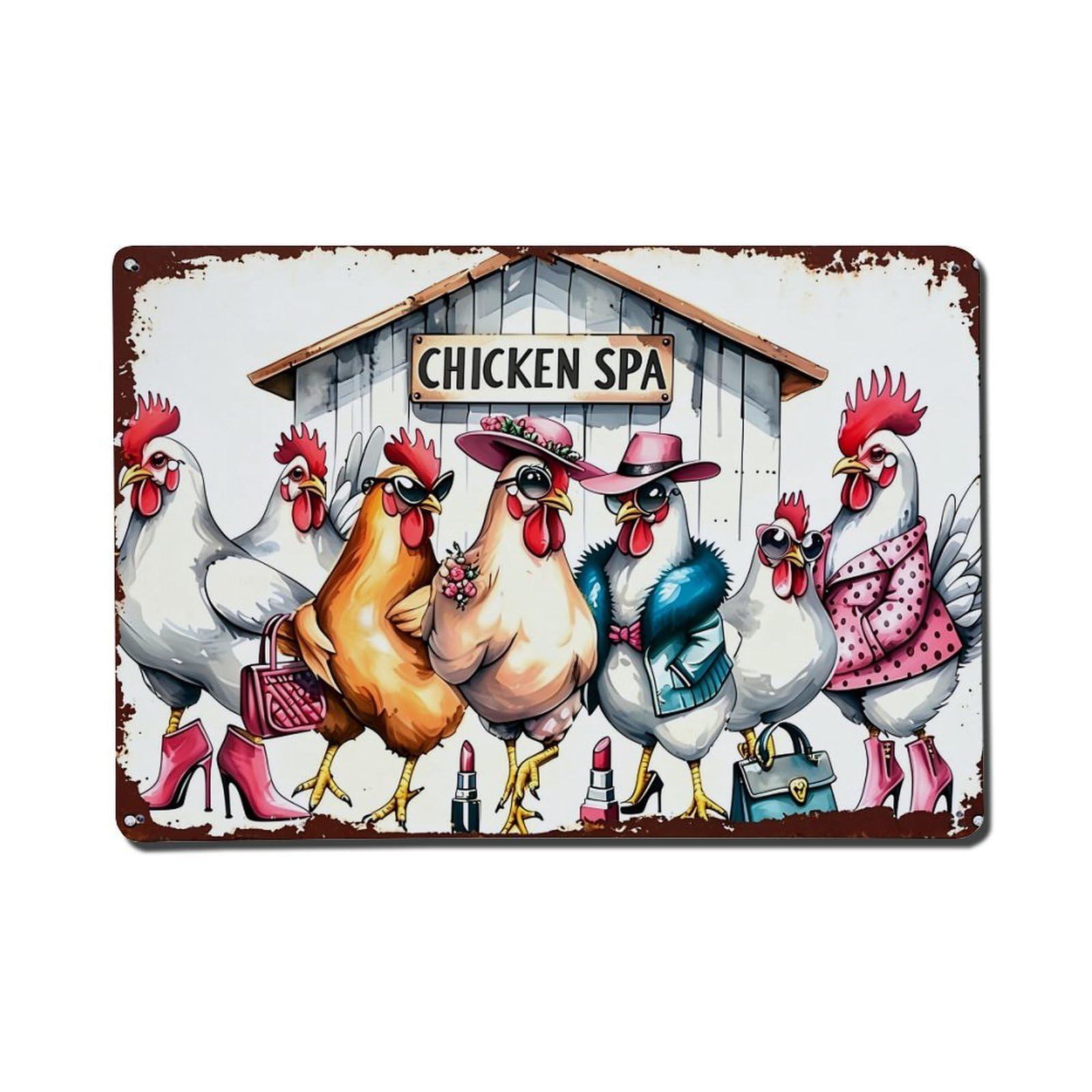 Nestemfo Vintage Fashionable Chickens At Spa Tin Sign Metal Sign, Living Room,Bar, Home, Bedroom Wall Decor,Retro Metal Poster 8X12 Inches