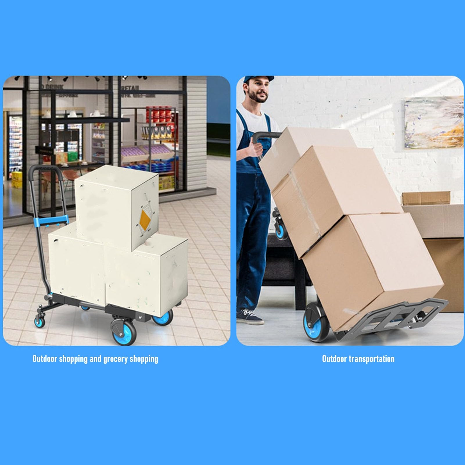 Headerbs Carrello Pieghevole 2 in 1, Carrello Pieghevole in Acciaio PP TPR, capacità 150 Kg, Maniglia Retrattile, 4 Ruote, Portatile per Ufficio Supermercato Shopping Campeggio all'aperto