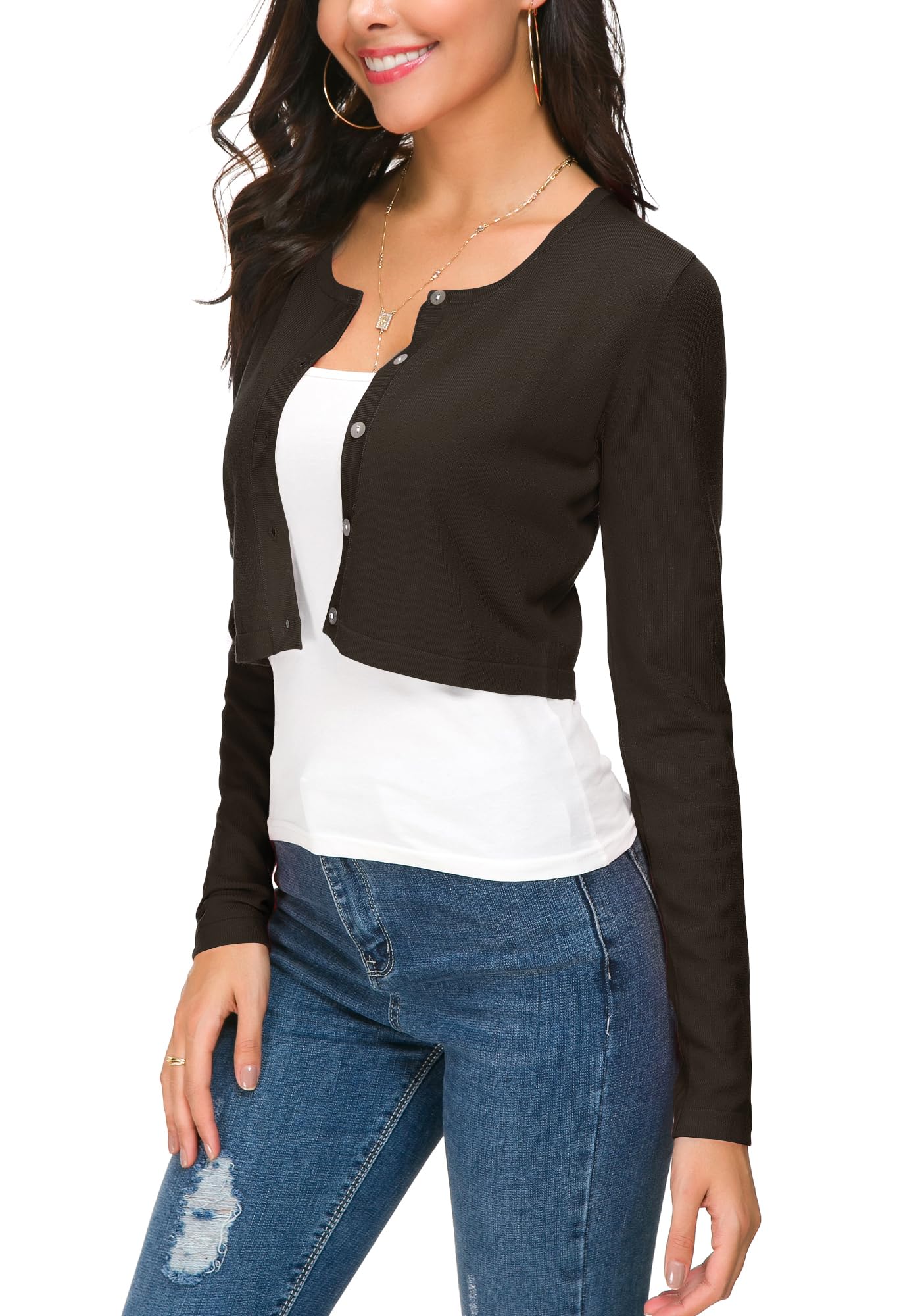 EXCHIC Damen Elegant Langarm Bolero Strickjacke mit Knöpfe Rundhals Festlich Gestrickte Shrug Kurz Cardigan für Kleider