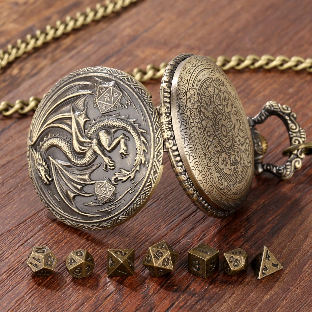 Mini DND Dice Set including Steampunk Winged Flying Dragon Pocket Watch Shell Case, 7pcs Polyhedral Metal Dice Set - Image 3