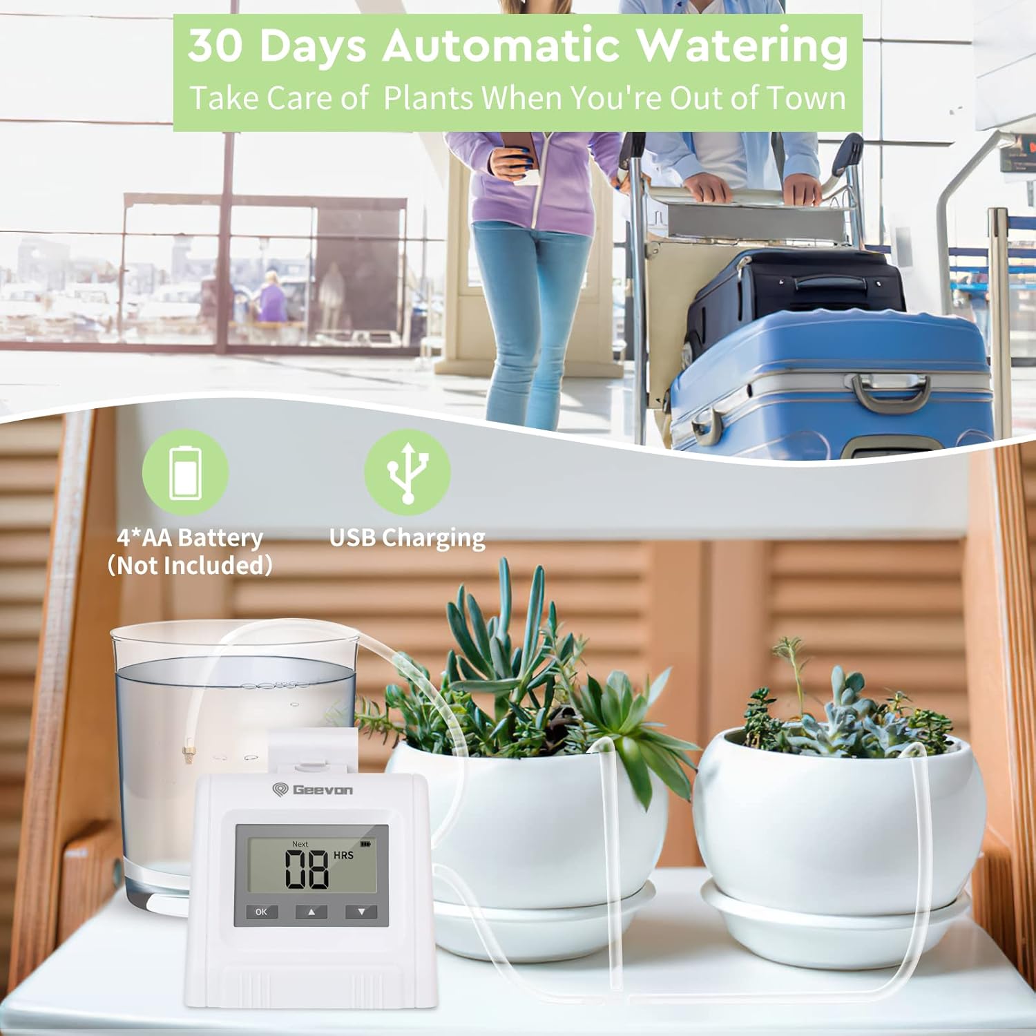 Geevon 210015 Drip Irrigation System showing battery compartment and USB charging port.