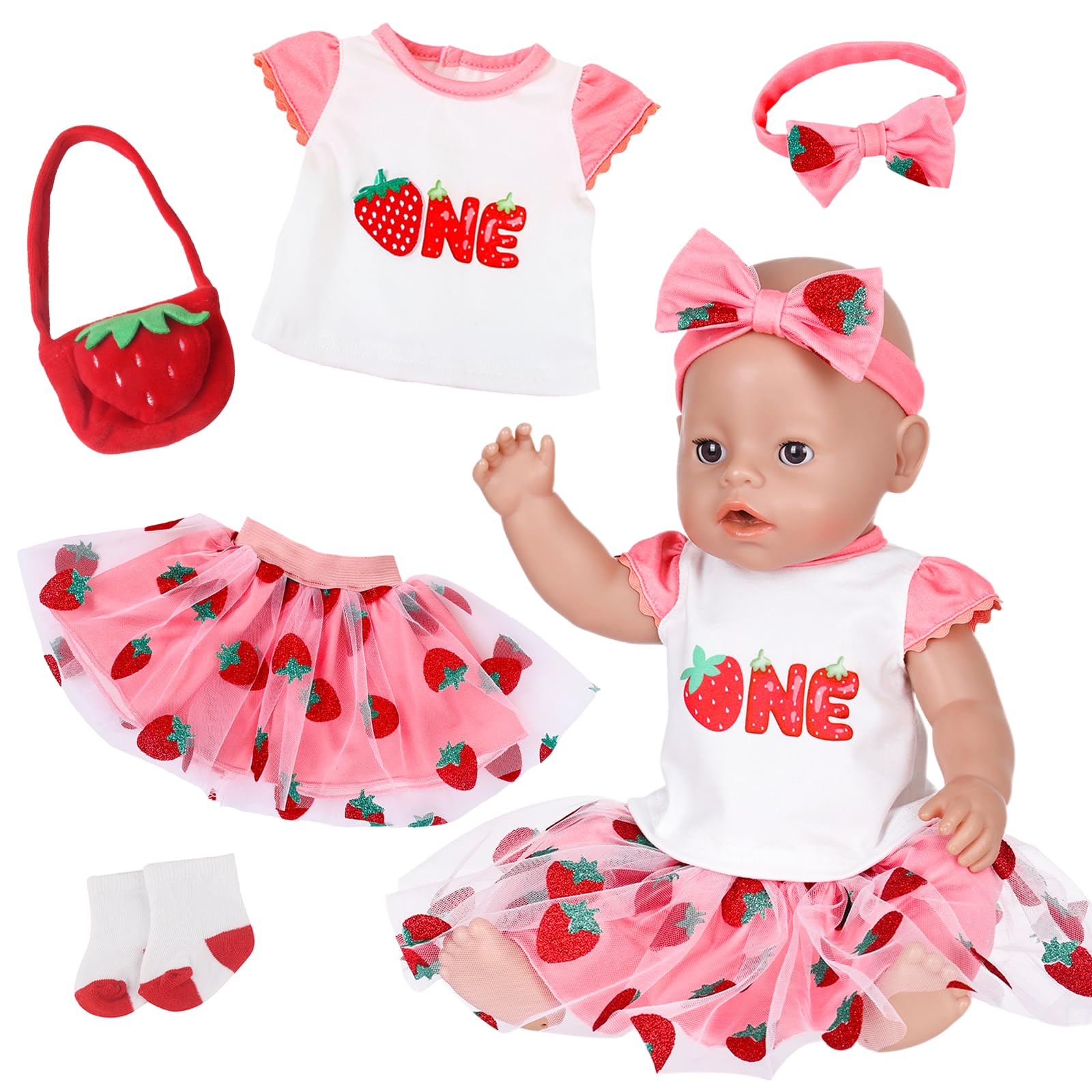 Doll Clothes for 35–43 cm Newborn Baby Dolls Cute, Fresh Strawberry-Themed Outfit for 14–18Inch Dolls: Short-Sleeve Top Tulle Skirt Headband Socks Strawberry Bag 43 cm Doll Accessories Gifts for Kids
