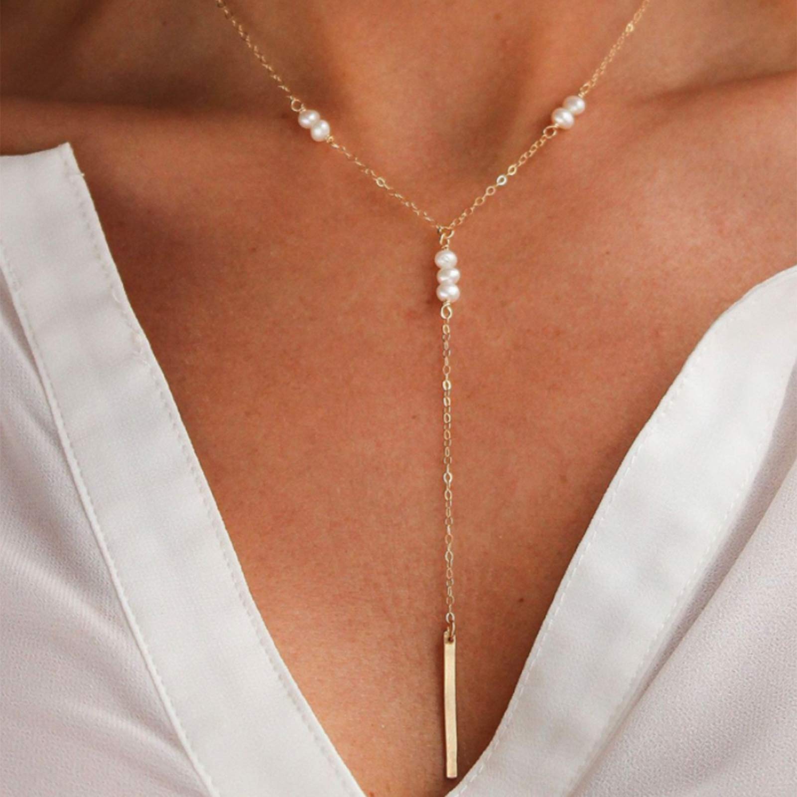 Yienate Collar clásico con perlas y colgante de barra largo de cobre, accesorios de joyería para mujeres y niñas