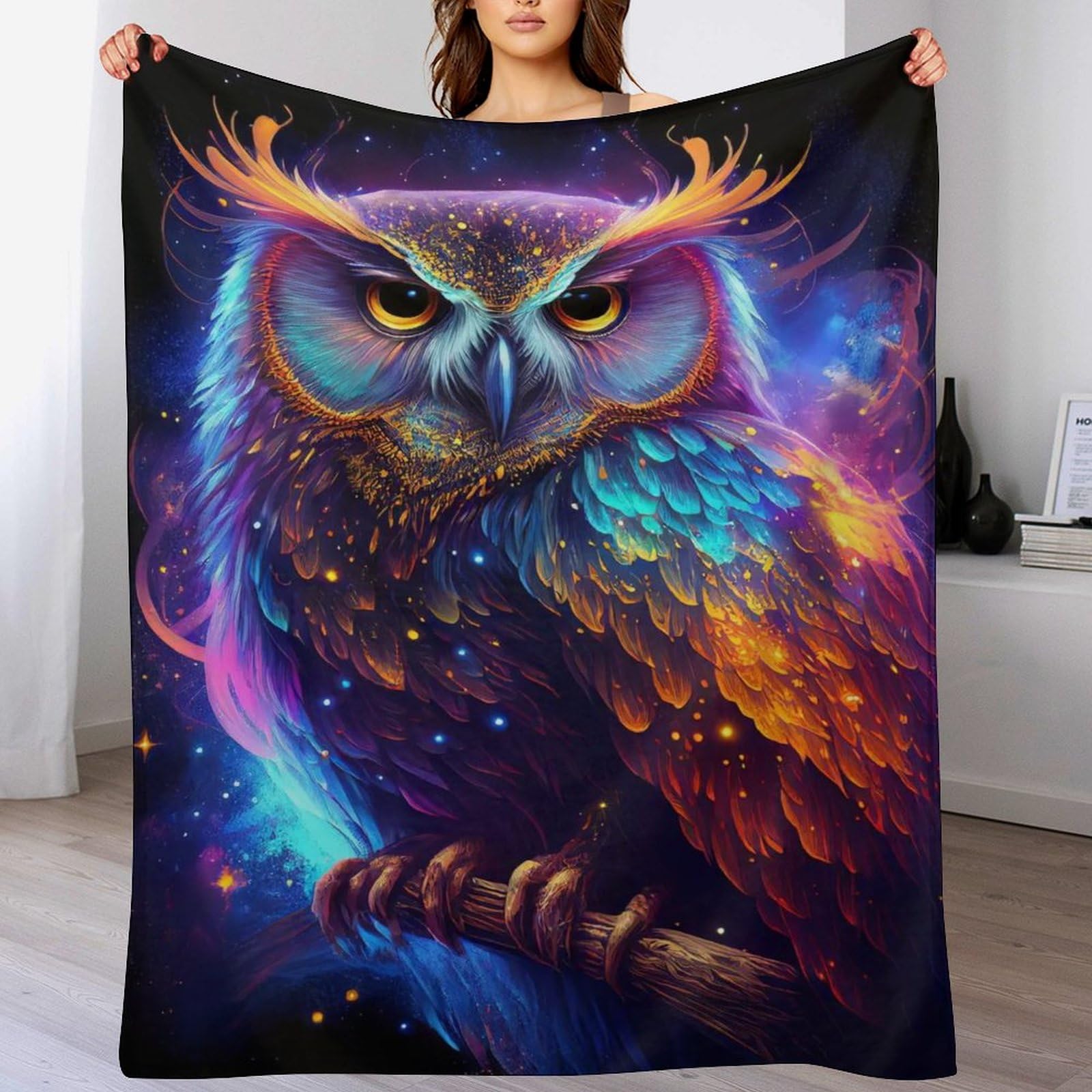 Couverture polaire en flannel premium au design Nebula Hibou, plaid luxueux toutes saisons