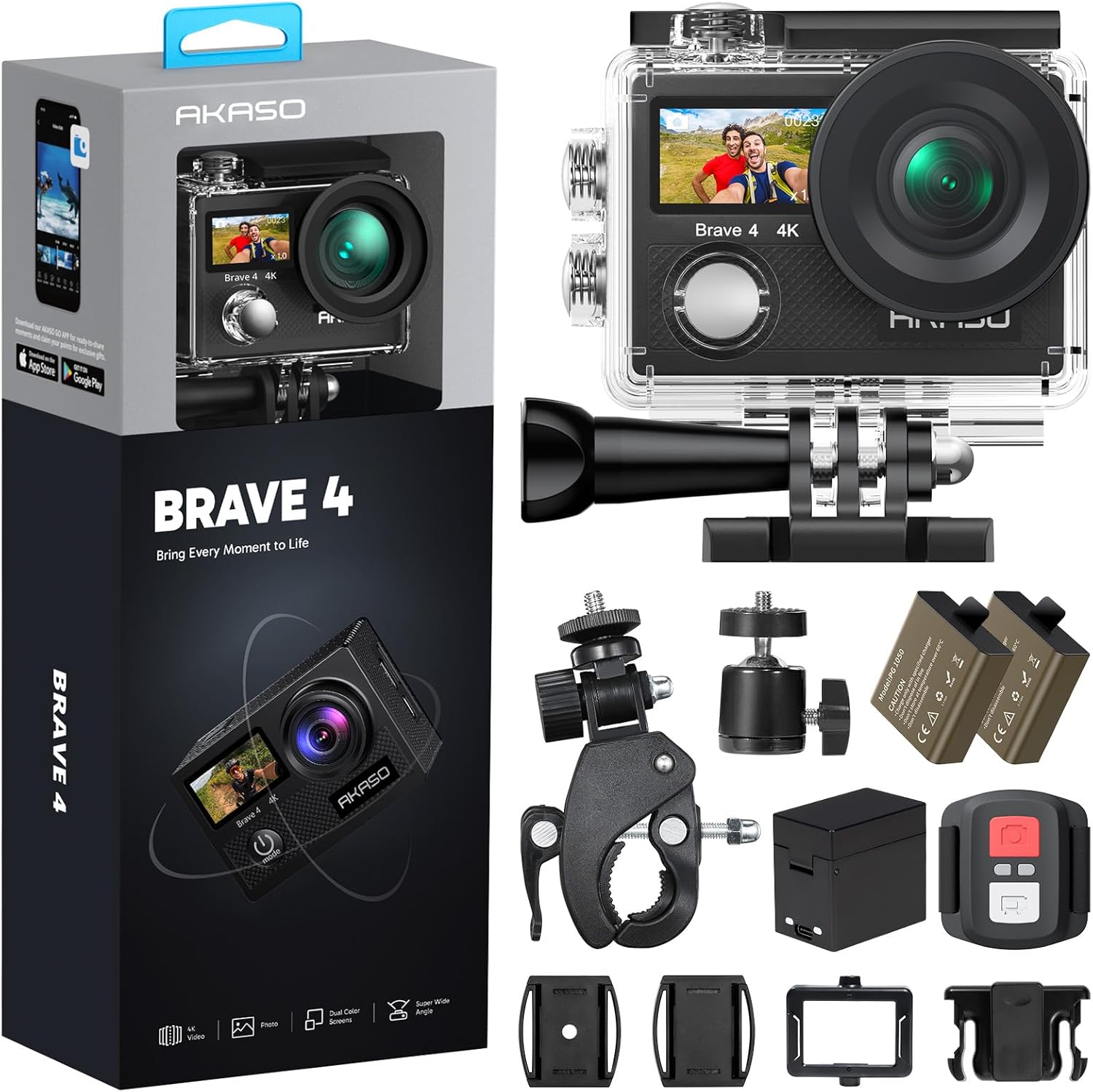 AKASO Brave 4 4K 30FPS Action Camera with EIS, 20MP Photos, 131FT Waterproof Case, WiFi Remote, Dual Batteries & Helmet Mount Kit