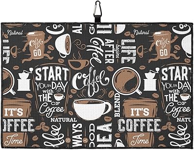 OComster Coffee Golf Towel with Carabiner Clip, Coffee Cup Bean Letter Doodle Black White Microfiber Waffle Pattern Golf Towel, Golf Accessories for Cleaning Clubs and Balls, 24x16 in