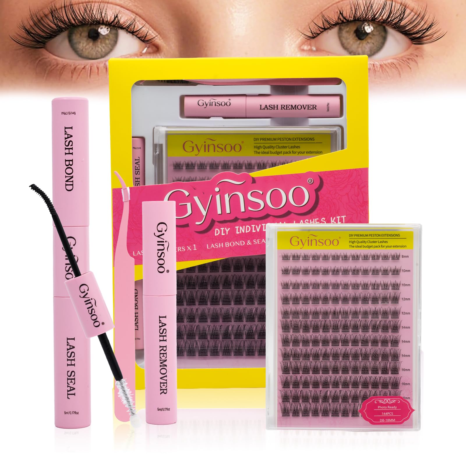 144Pcs DIY Lash Extension Kit D Curl 8-18mm Mix Photo Ready Volume Lashes with Pink Bond and Seal