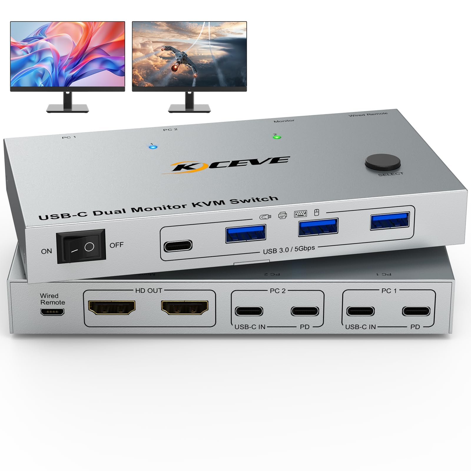 KVM Switch 2 Monitors 2 Laptops USB C,4K@60Hz USB C Dual Monitor KVM Switch for 2 Laptops Share 4 USB 3.0 Devices with 80W PD,Wired Remote and Cables Included-image-30