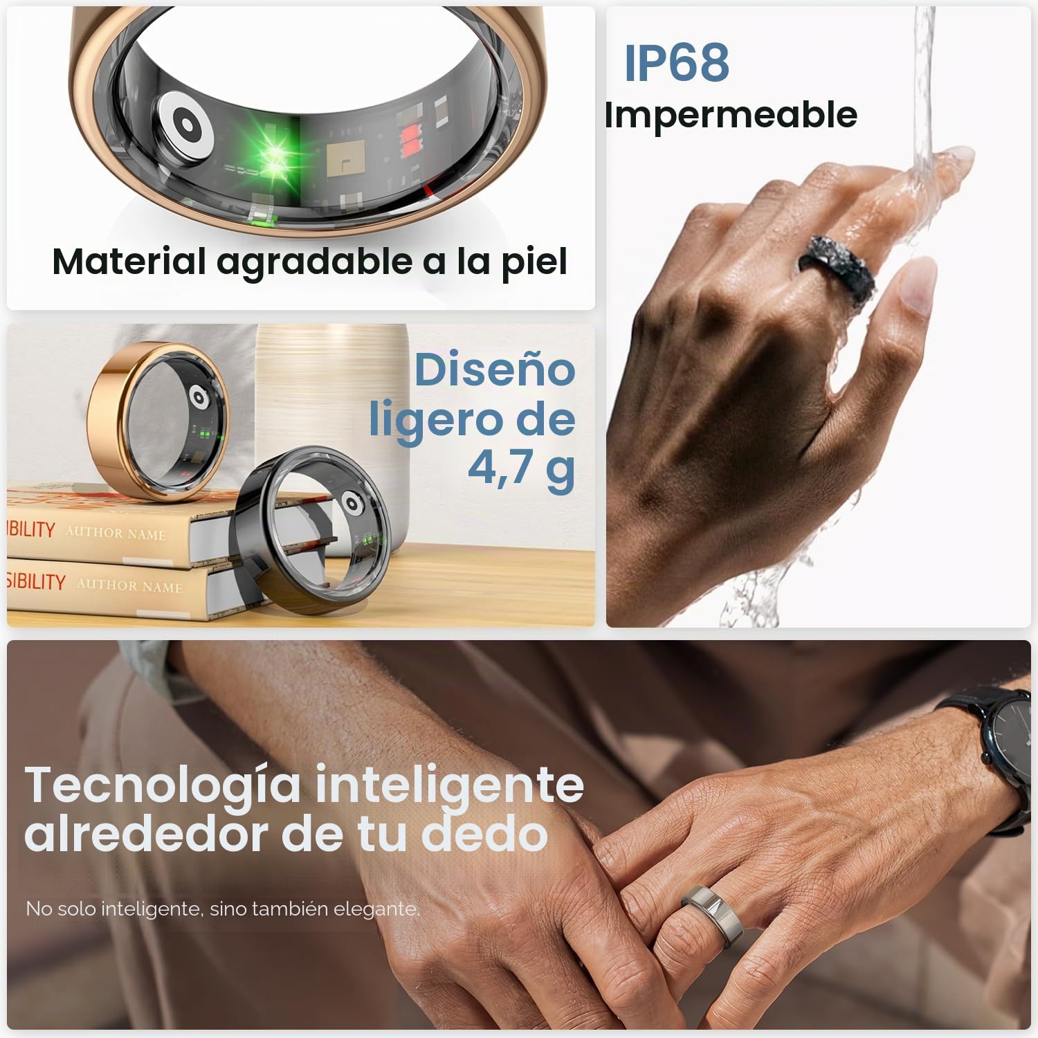 DEKELIFE Anillo Inteligente Hombre Mujer, Smart Ring Monitor de Sueño, Pulsometro, Rastreador/Monitores de Actividad, 100+ Modos Deportivos IP68 Impermeable Podómetro iOS Android, Tamaño 13, Plata