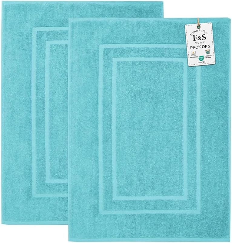 Feather & Stitch - Juego de 2 alfombrillas de baño tipo toalla (30 x 21 pulgadas), 100% algodón de rizo, alfombrillas de baño para ducha [no una alfombra de baño], alfombrillas lavables suaves y absorbentes, color aguamarina