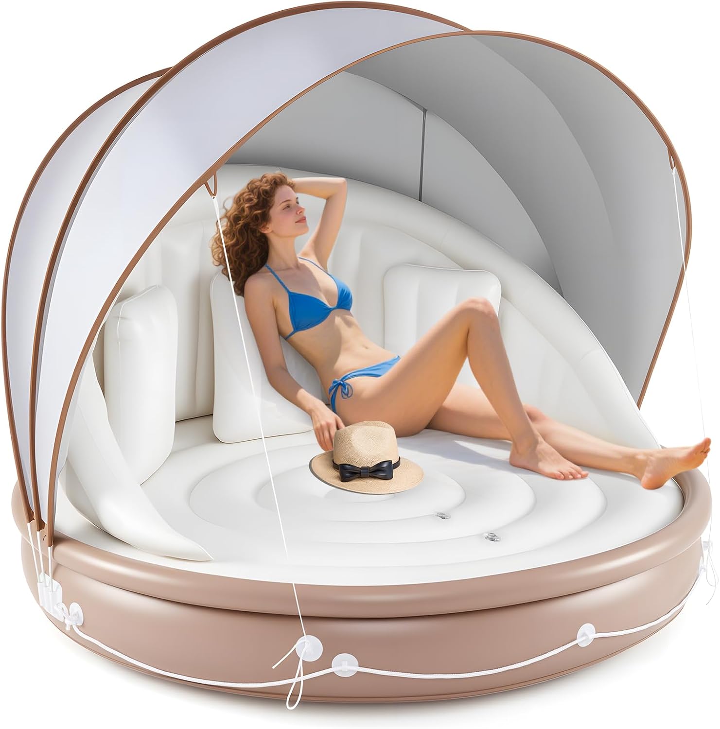 GYMAX Pool Float with Canopy, 440 lbs Inflatable Floating Island with Detachable Sunshade & 3 Pillows, 2/3 Person 73” Tanning Lounger Large Floats for the Lake, Inflatable Pool Daybed for Adults