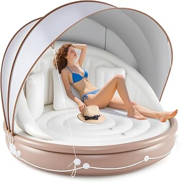 GYMAX Pool Float with Canopy, 440 lbs Inflatable Floating Island with Detachable Sunshade & 3 Pillows, 2/3 Person 73 Tanning Lounger Large Floats for the Lake, Inflatable Pool Daybed for Adults