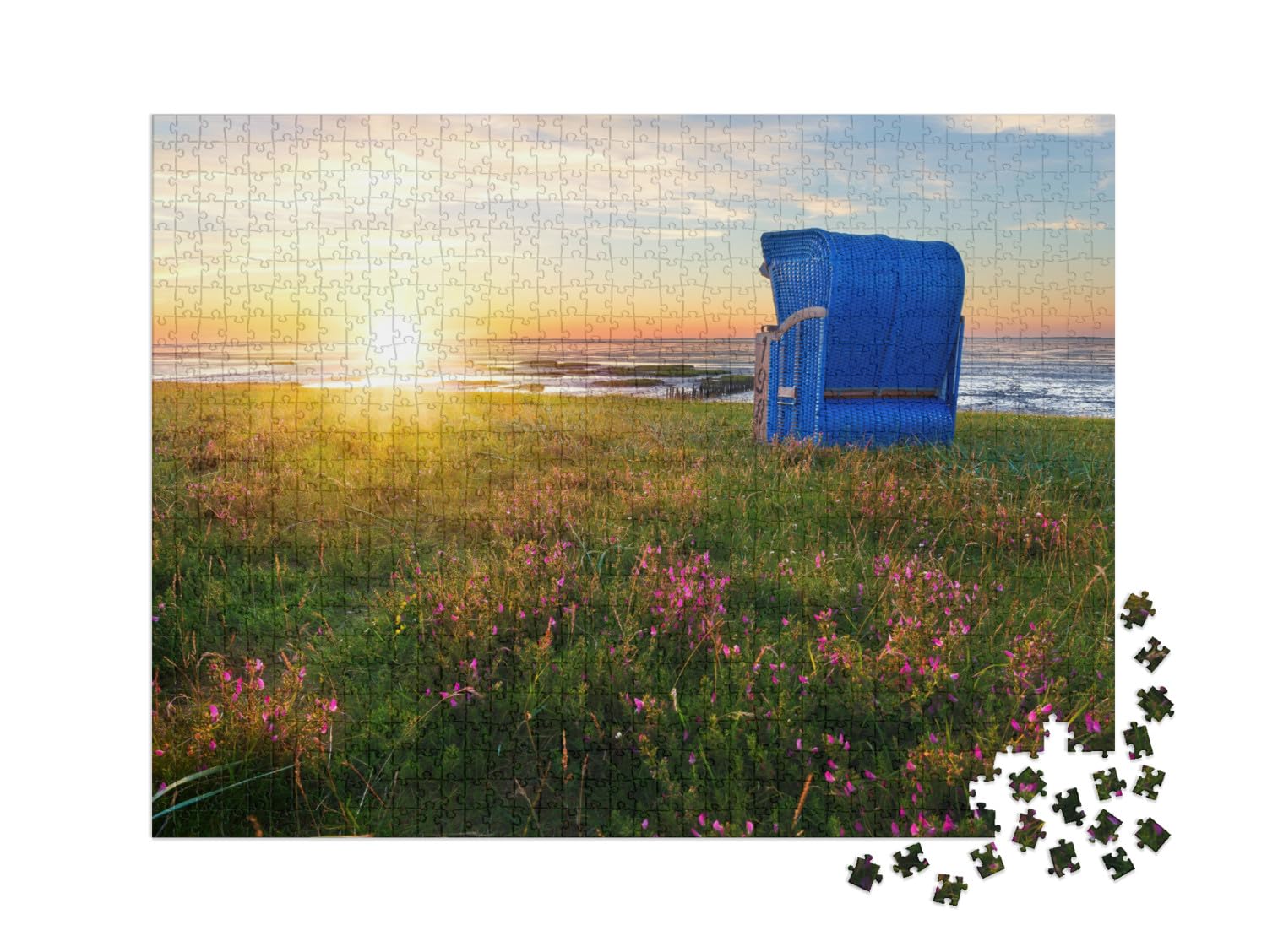 Puzzle 1000 Teile XXL „Strandkörbe am Strand von Harlesiel, Ostfriesland bei Sonnenuntergang“ – aus der Puzzle-Kollektion Ostfriesland, Strand & Meer