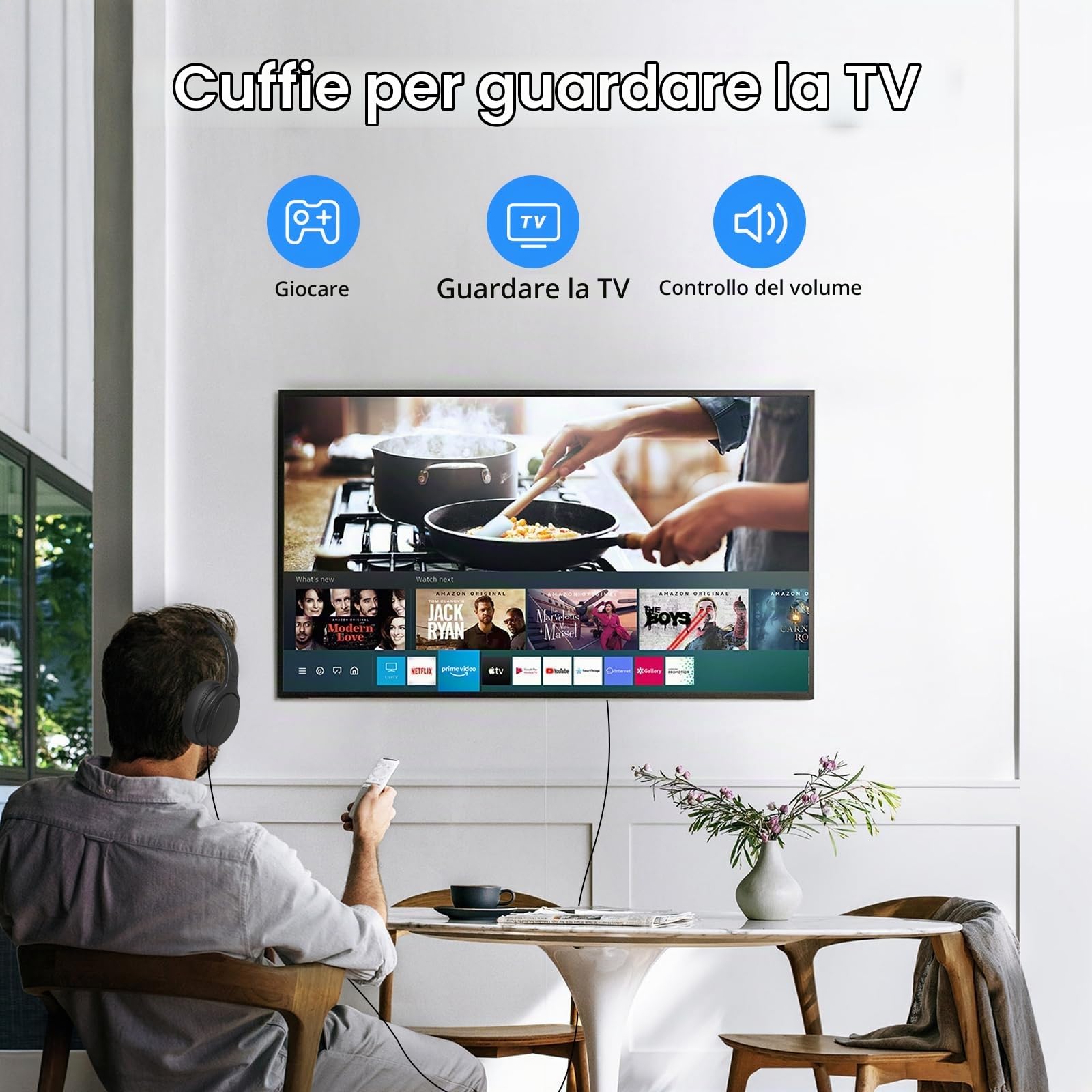 Cuffie TV a cavo lungo per anziani con controllo del volume | Design over-ear cablato con imbottitura morbida e archetto regolabile; include una spina AUX da 3,5 mm e nessun microfono